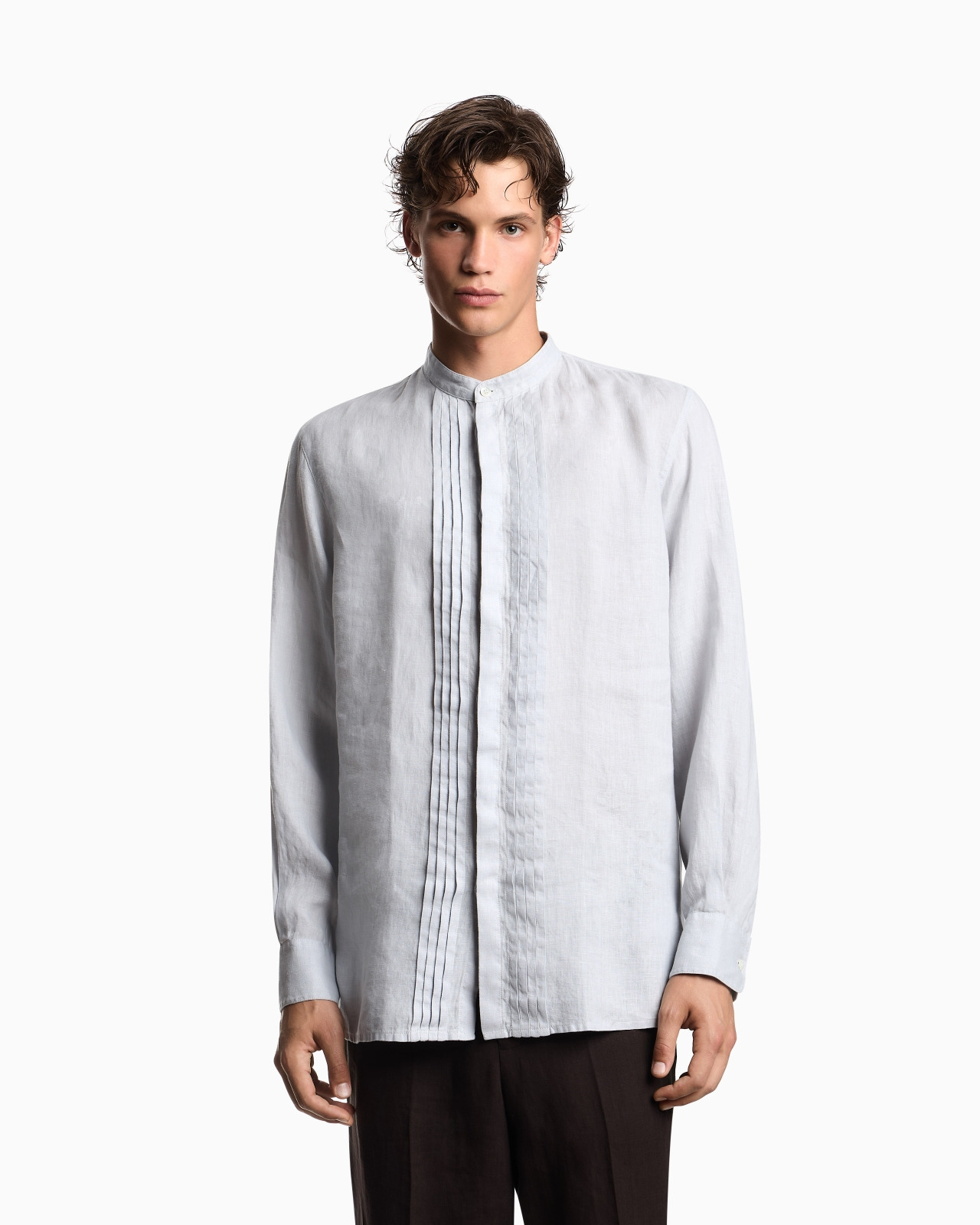 GARMENT-DYED LINEN SHIRT WITH GURU COLLAR AND PLEATED DETAIL - 4