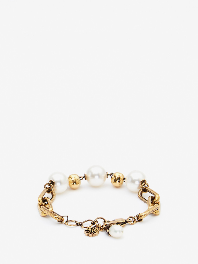 Pearl-like Skull Chain Bracelet in Antique Gold 3