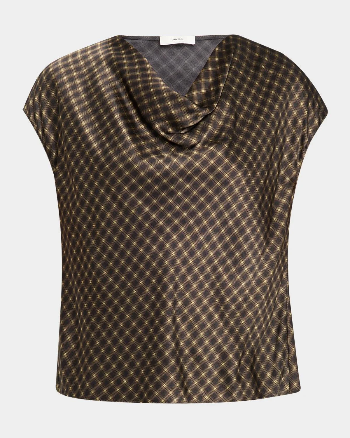 Ombré Plaid Silk Satin Cowl-Neck Blouse - 1