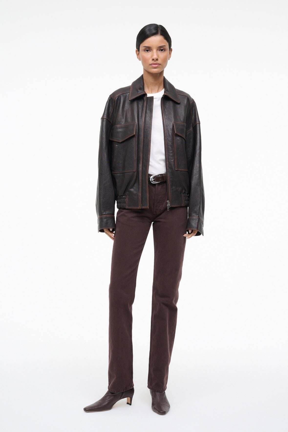 STAUD EUGENE LEATHER JACKET DISTRESSED BROWN - 4