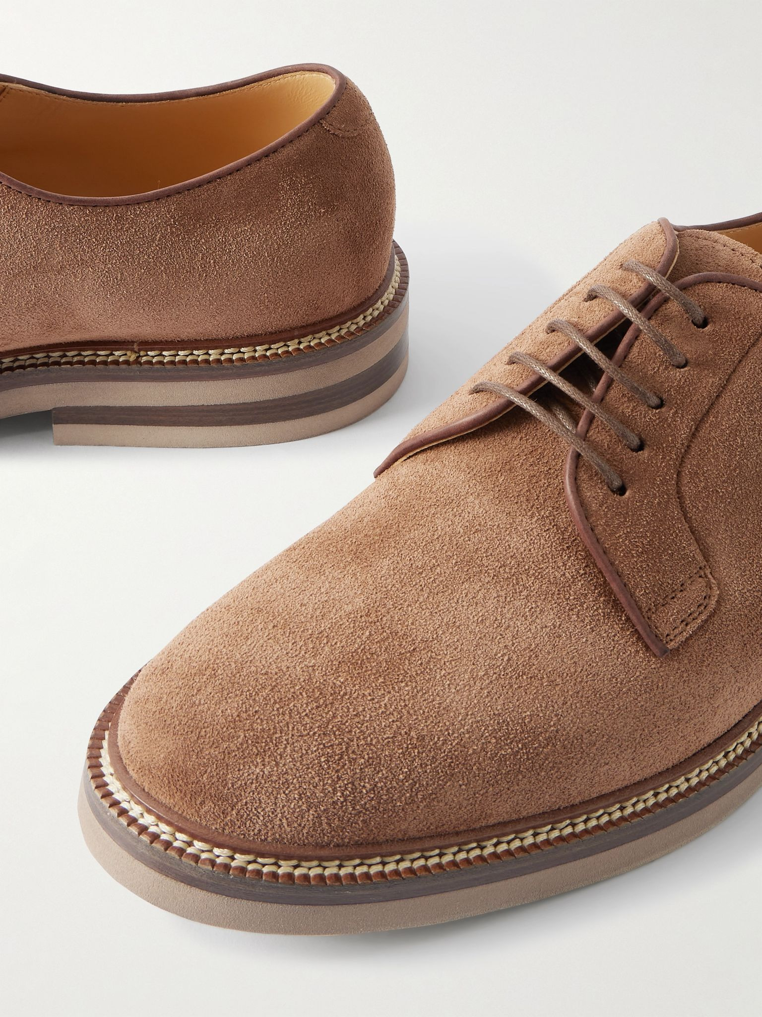 Leather-Trimmed Suede Derby Shoes Brown - 5