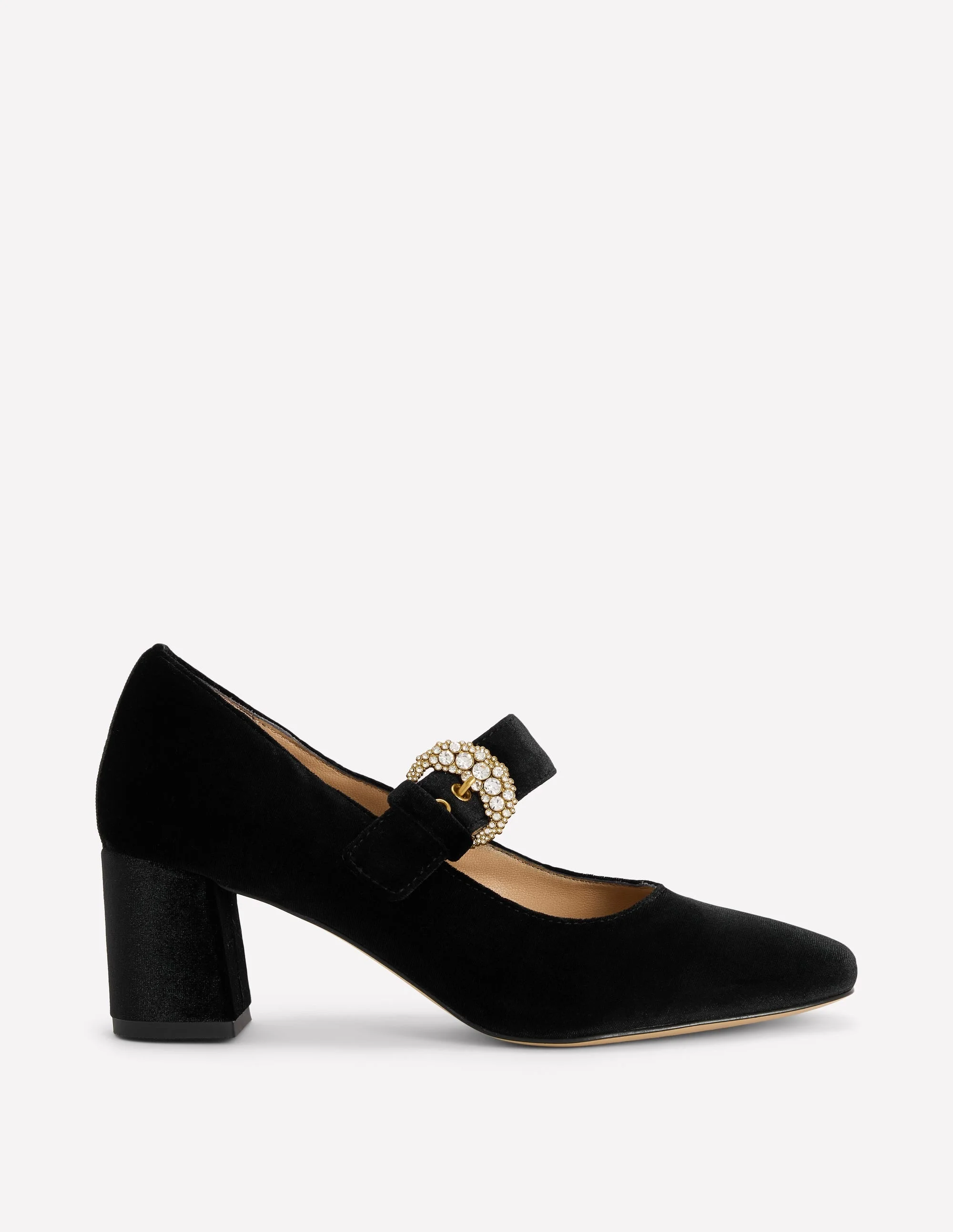 Buckle Strap Block Heels-Black Velvet - 1