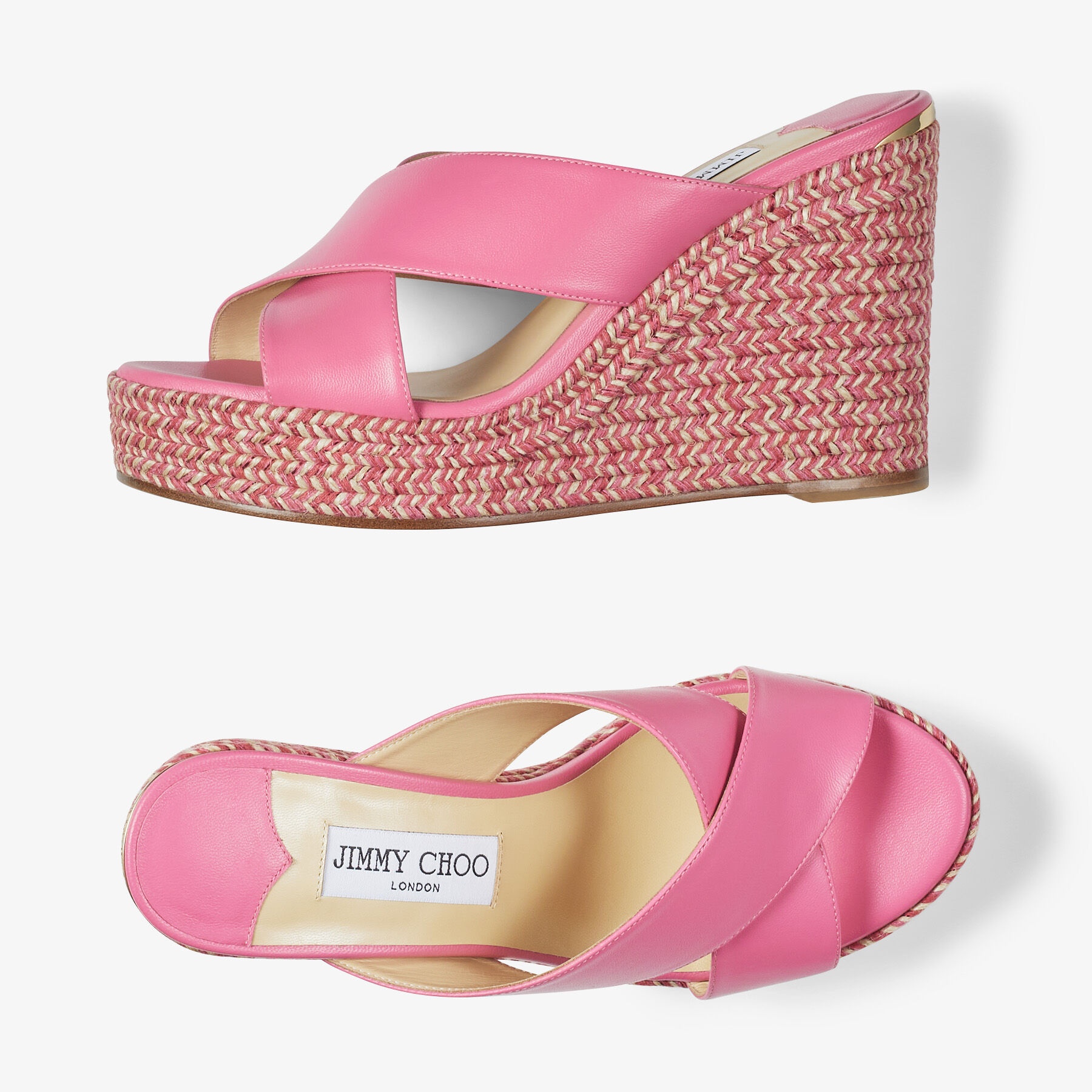 JIMMY CHOO Dovina 100 Candy Pink Nappa Leather and Cotton-Braided Wedge ...