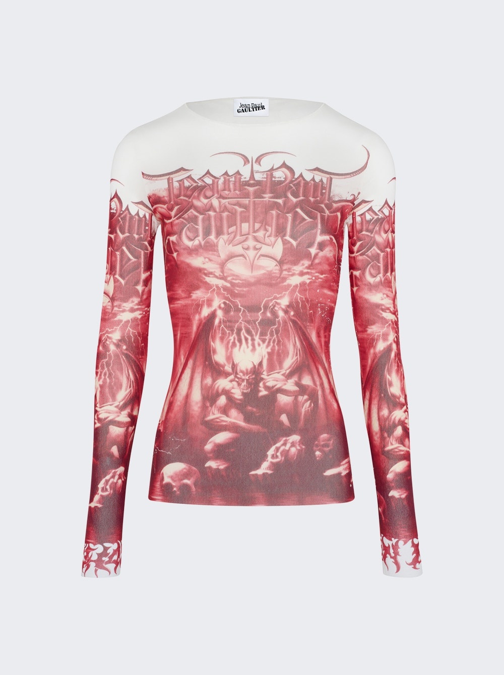 TrÈs Gaultier #1 Diablo Printed Mesh Long Sleeve Top Red And White - 1