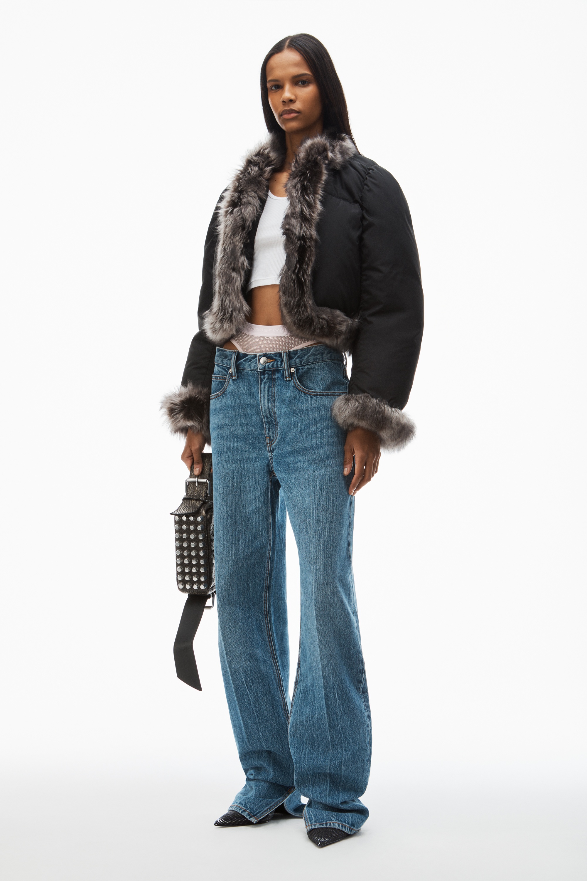 pre-styled straight-leg slit-hem jeans in cotton - 2