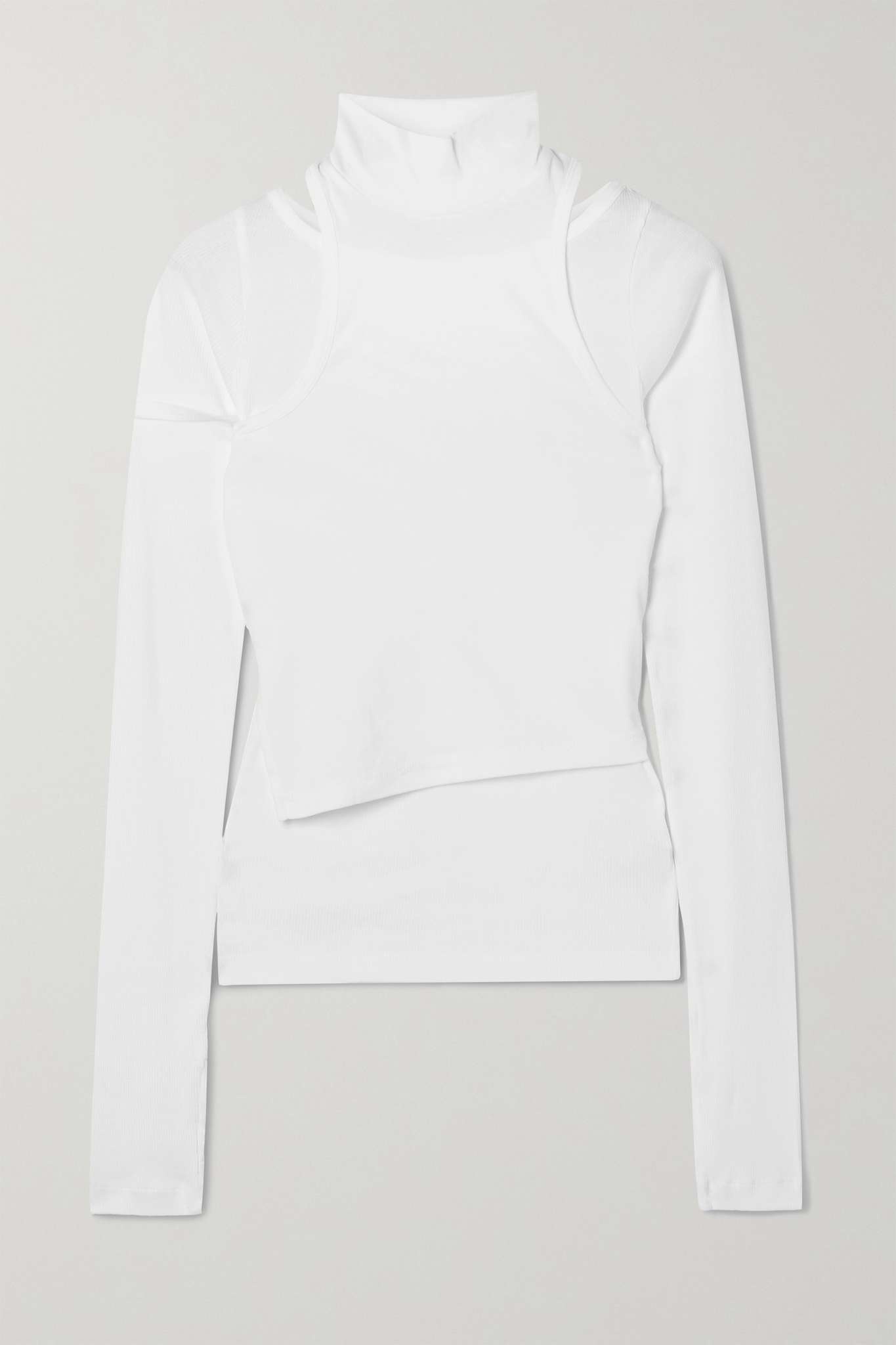 Asymmetric layered ribbed cotton-jersey turtleneck top - 1