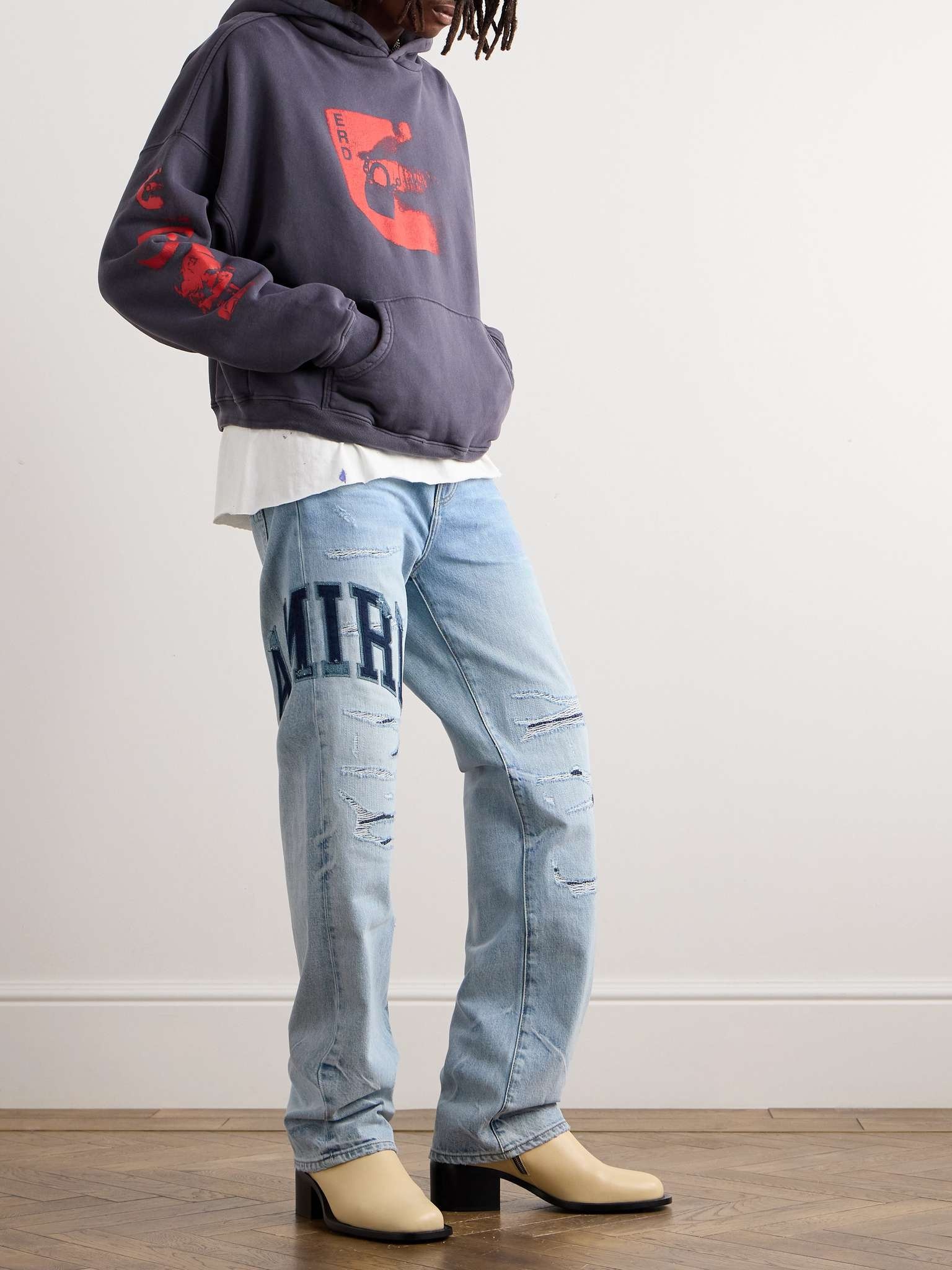 Straight-Leg Logo-Appliquéd Distressed Embroidered Jeans - 2