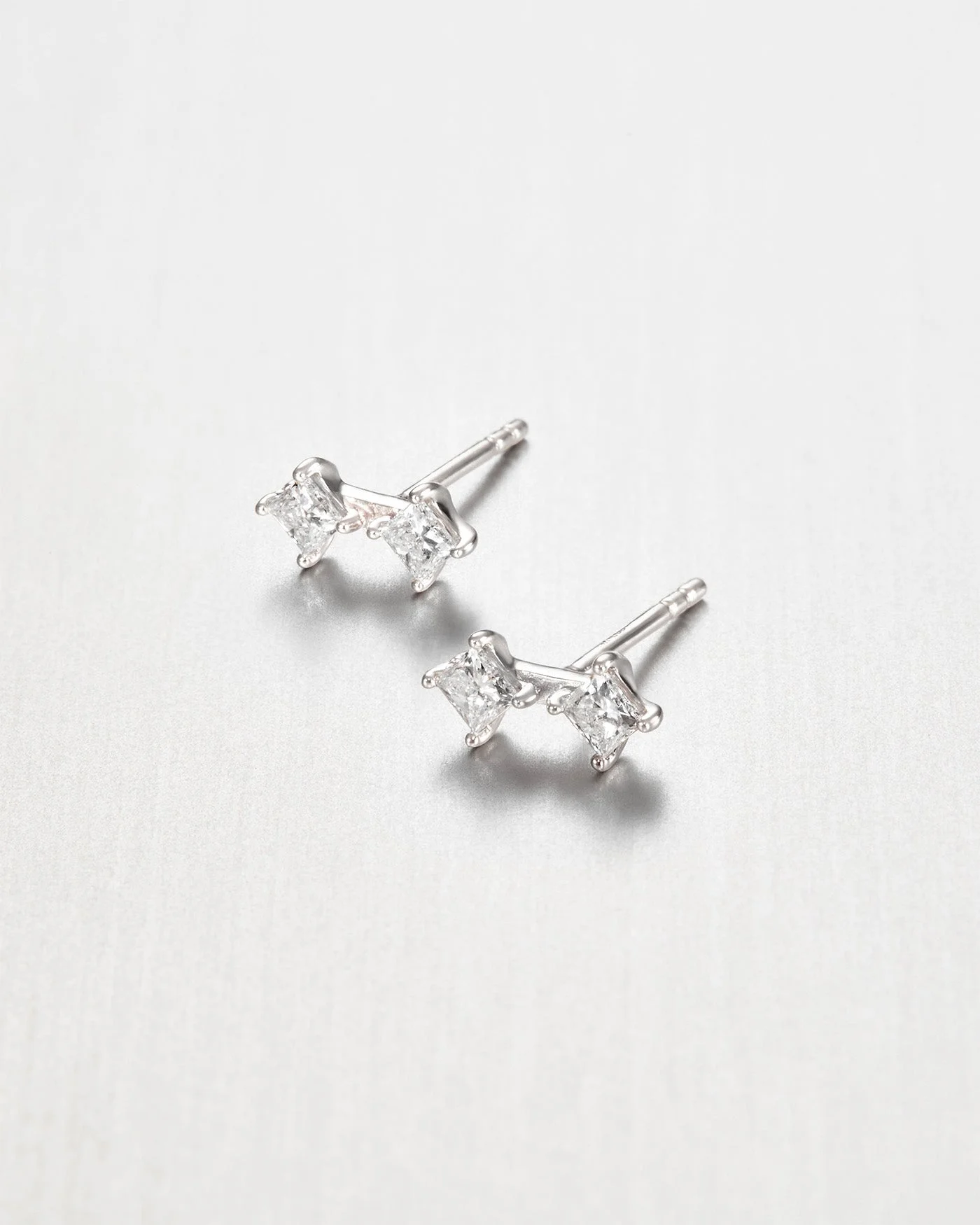 14K Princess Cut Double Diamond Stud Earrings - 1