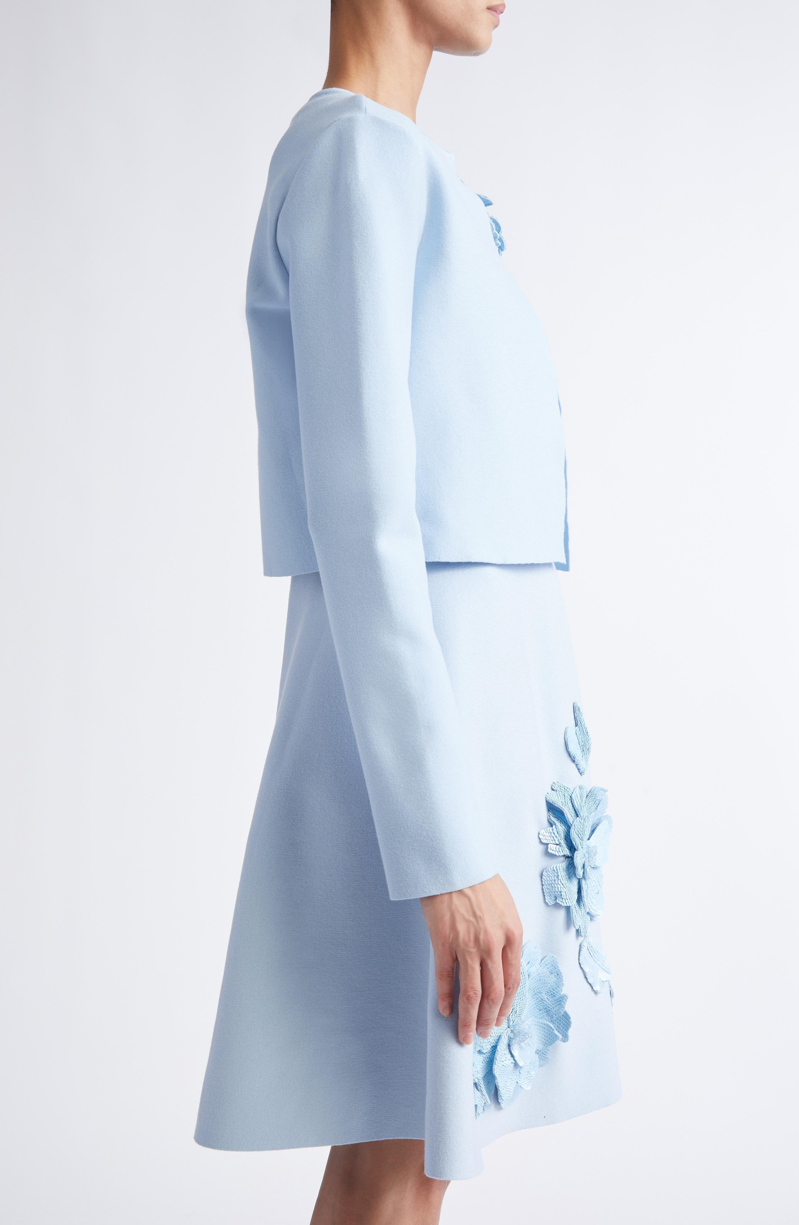 Oscar de la Renta Peony Appliqué Fitted Jacket in Light Blue at Nordstrom - 4