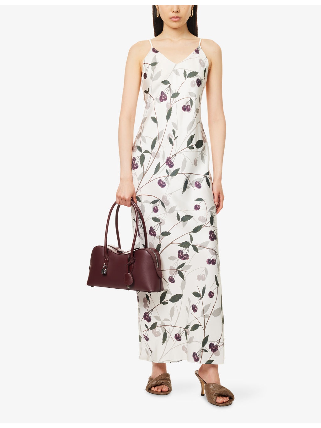 Cherry-Print V-Neck Silk Maxi Dress - 2