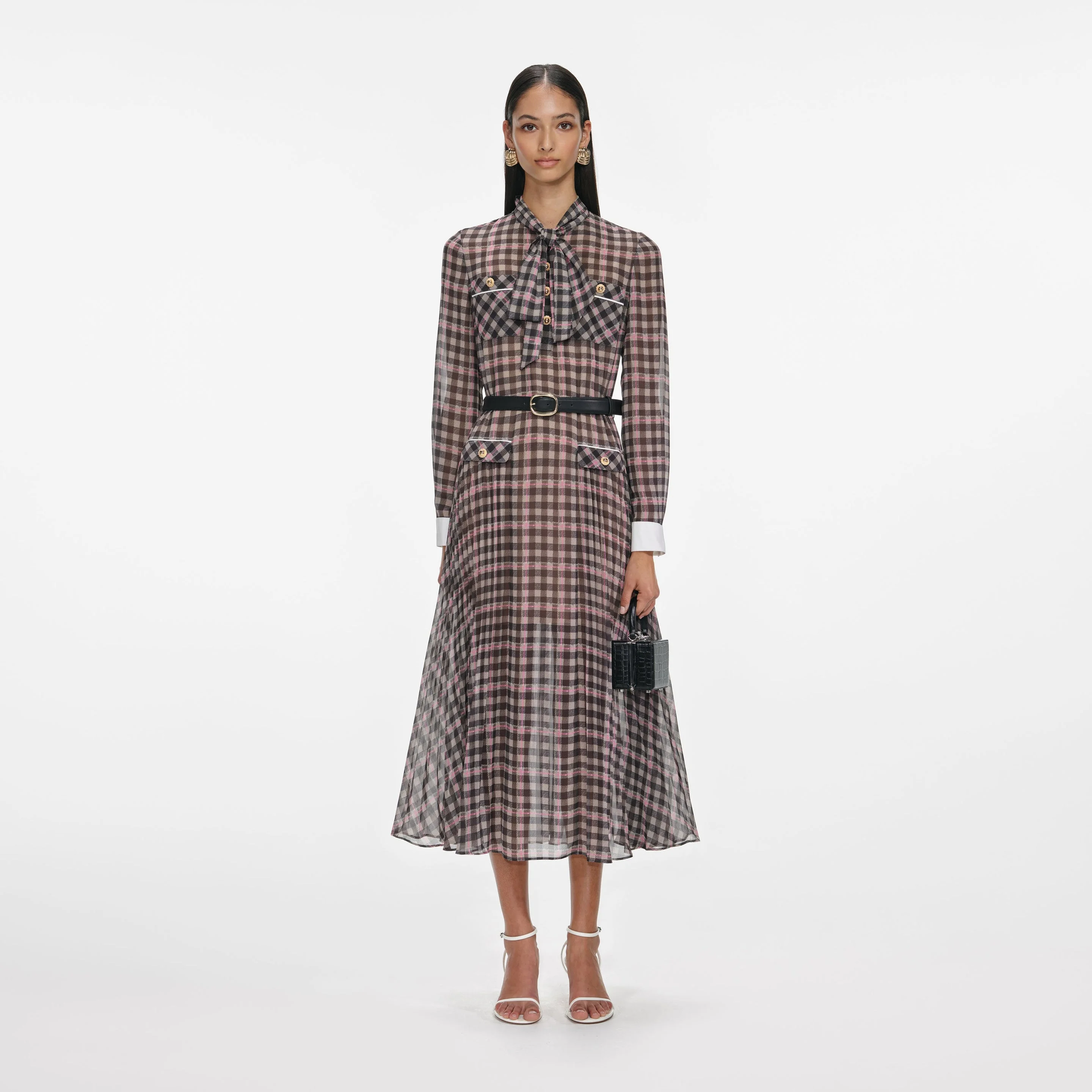 Brown Check Chiffon Midi Dress - 1