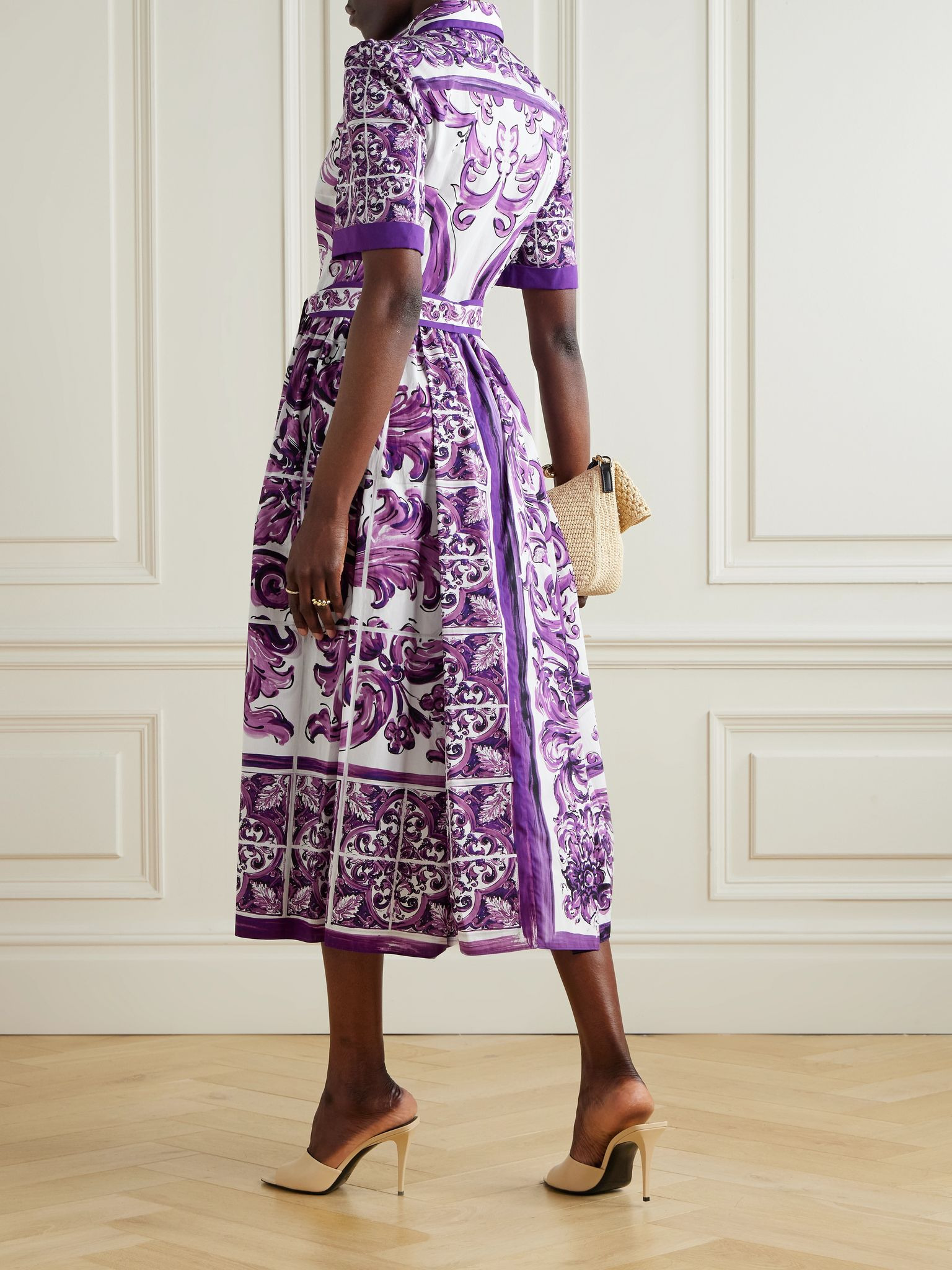 Belted printed cotton-poplin midi shirt dress Purple - 3