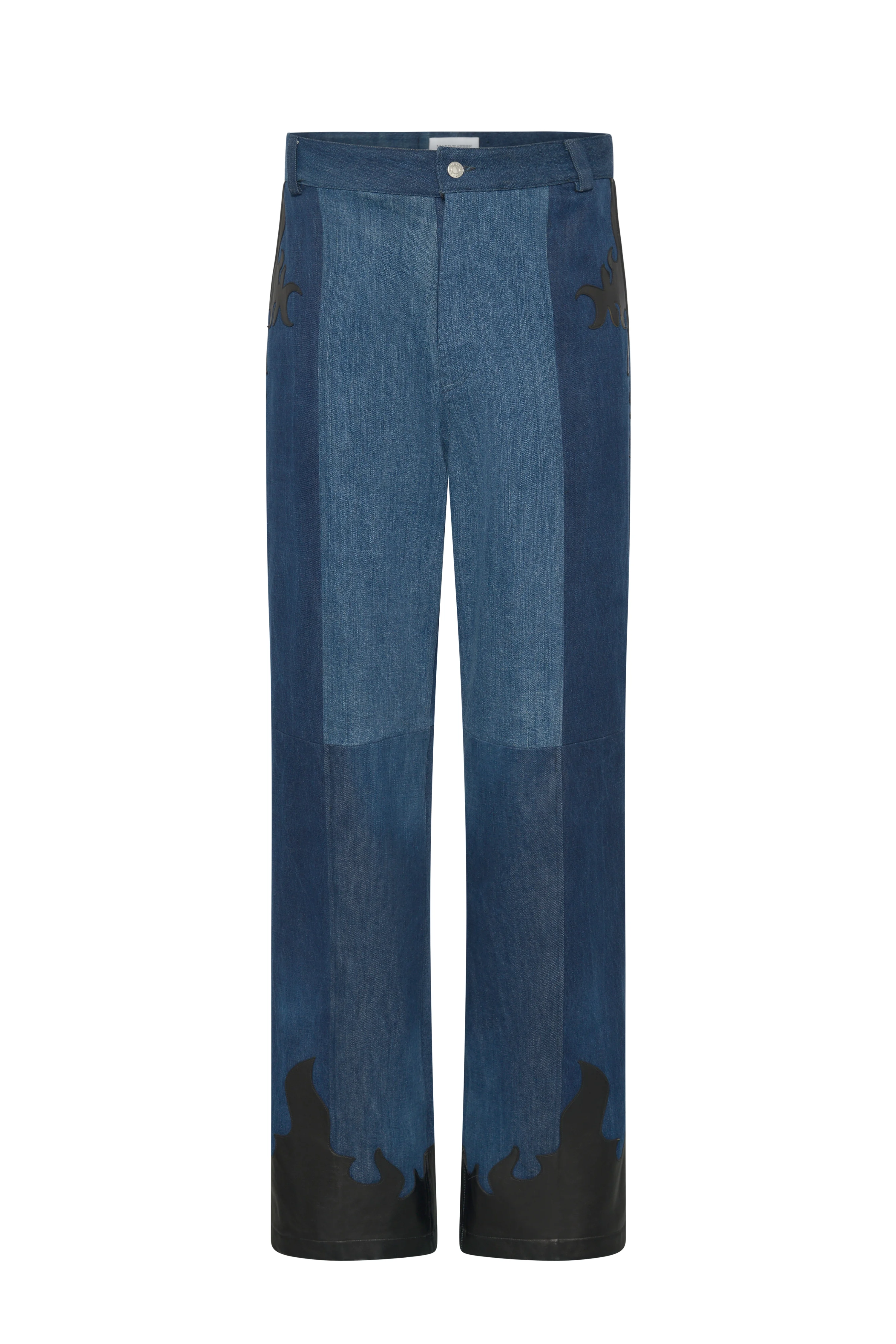 Upcycled denim baggy jeans with leather patches - 1