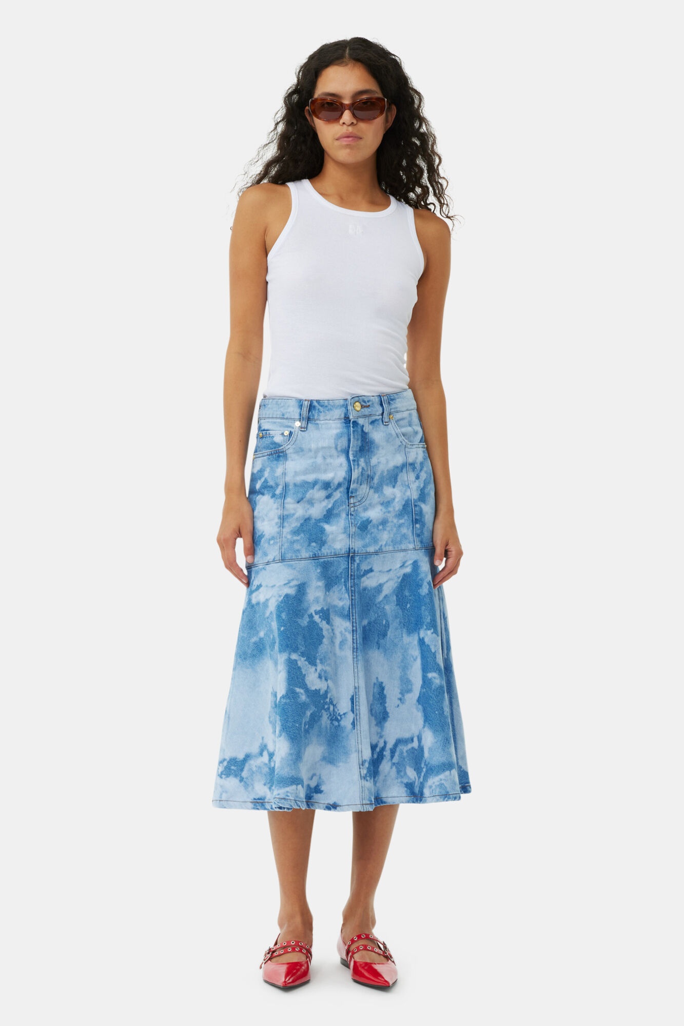 BLUE BLEACH DENIM FLOUNCE MIDI SKIRT - 2