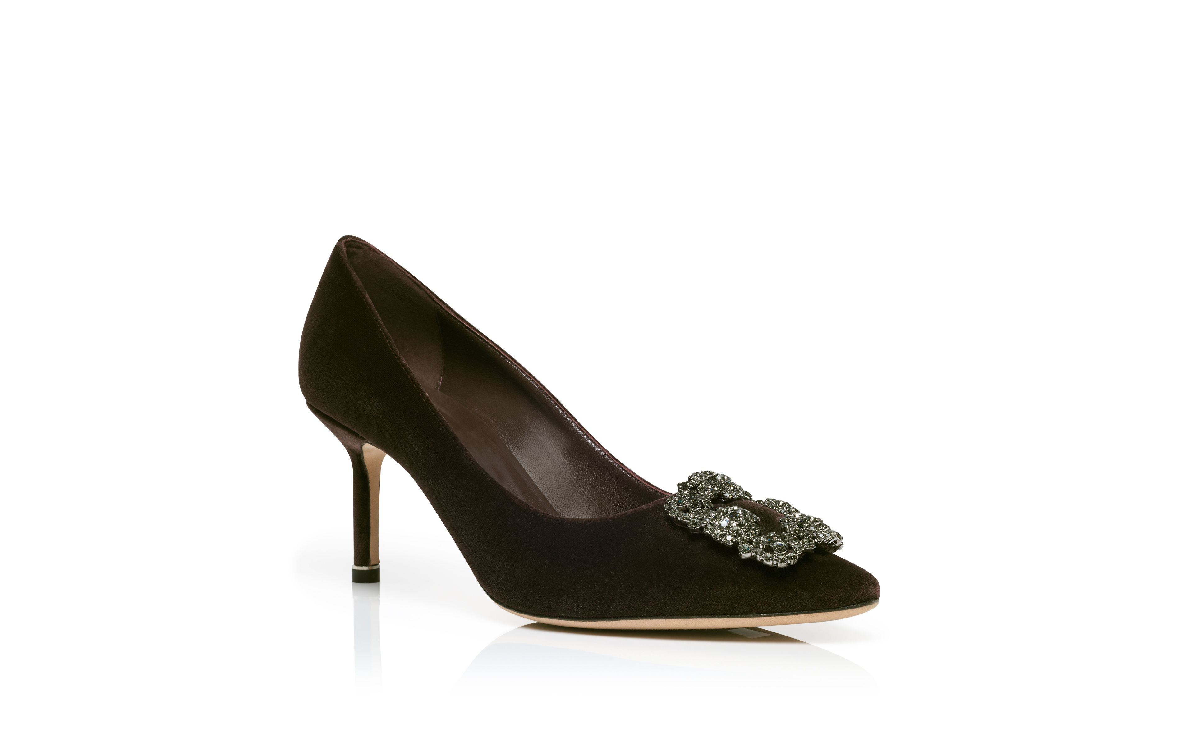 Dark Brown Velvet Jewel Buckle Pumps - 3