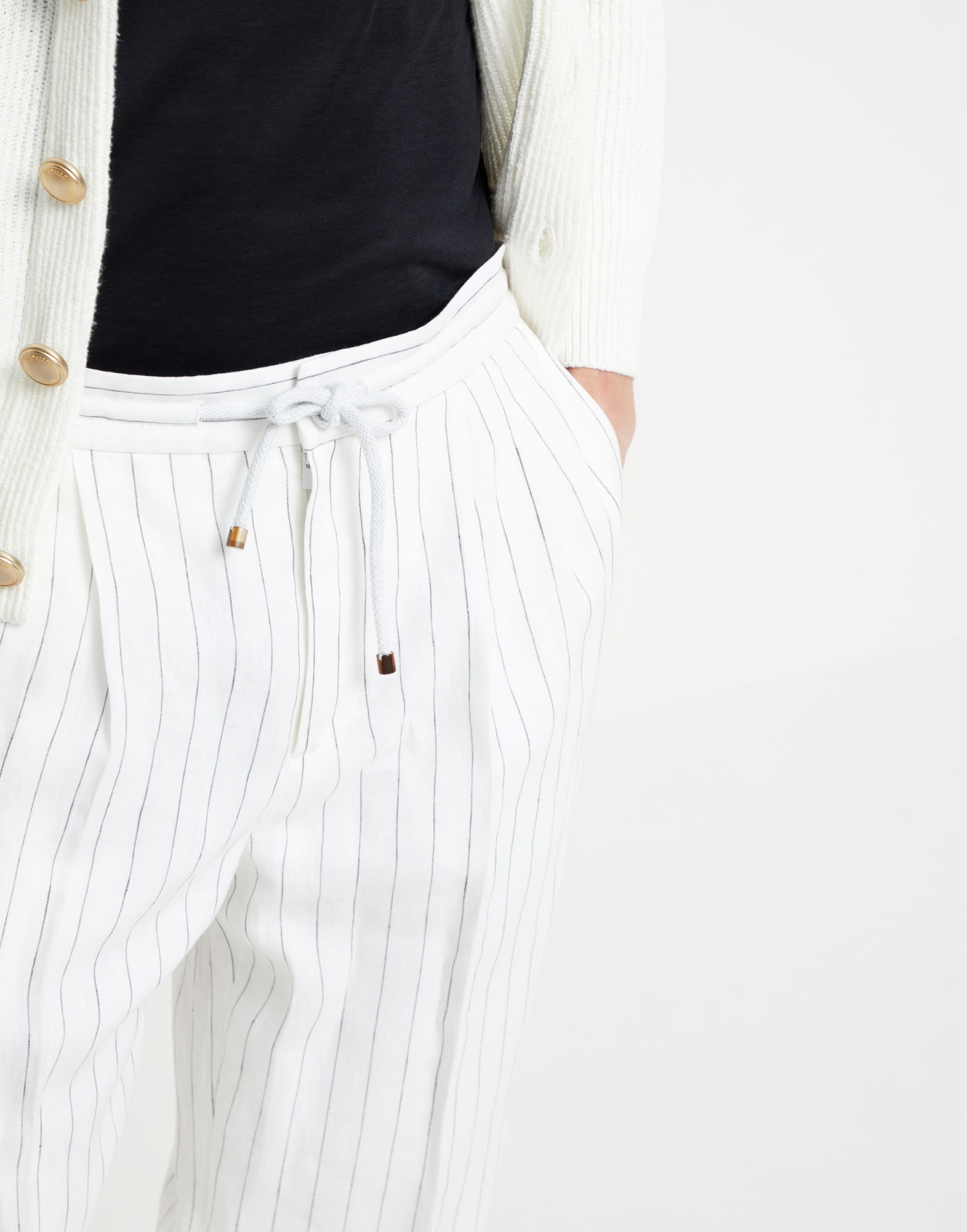 Linen chalk stripe leisure fit trousers with drawstring and double pleats - 3