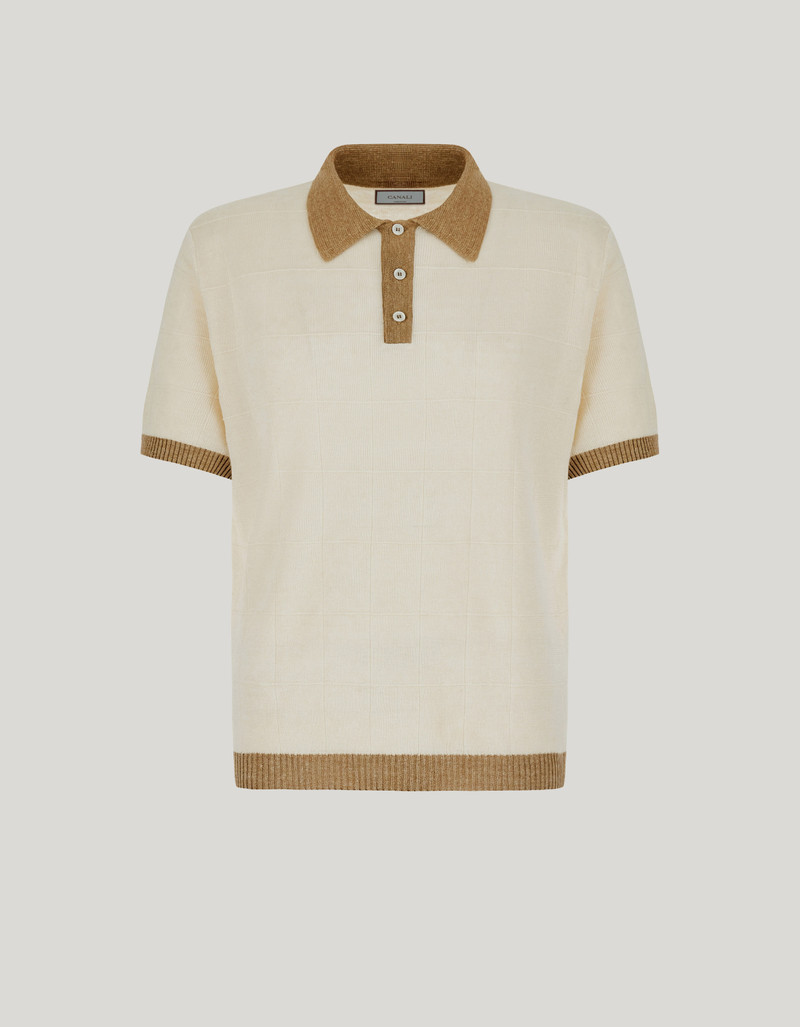 CREAM AND OCHRE OVERCHECK LINEN AND SILK POLO SHIRT 1