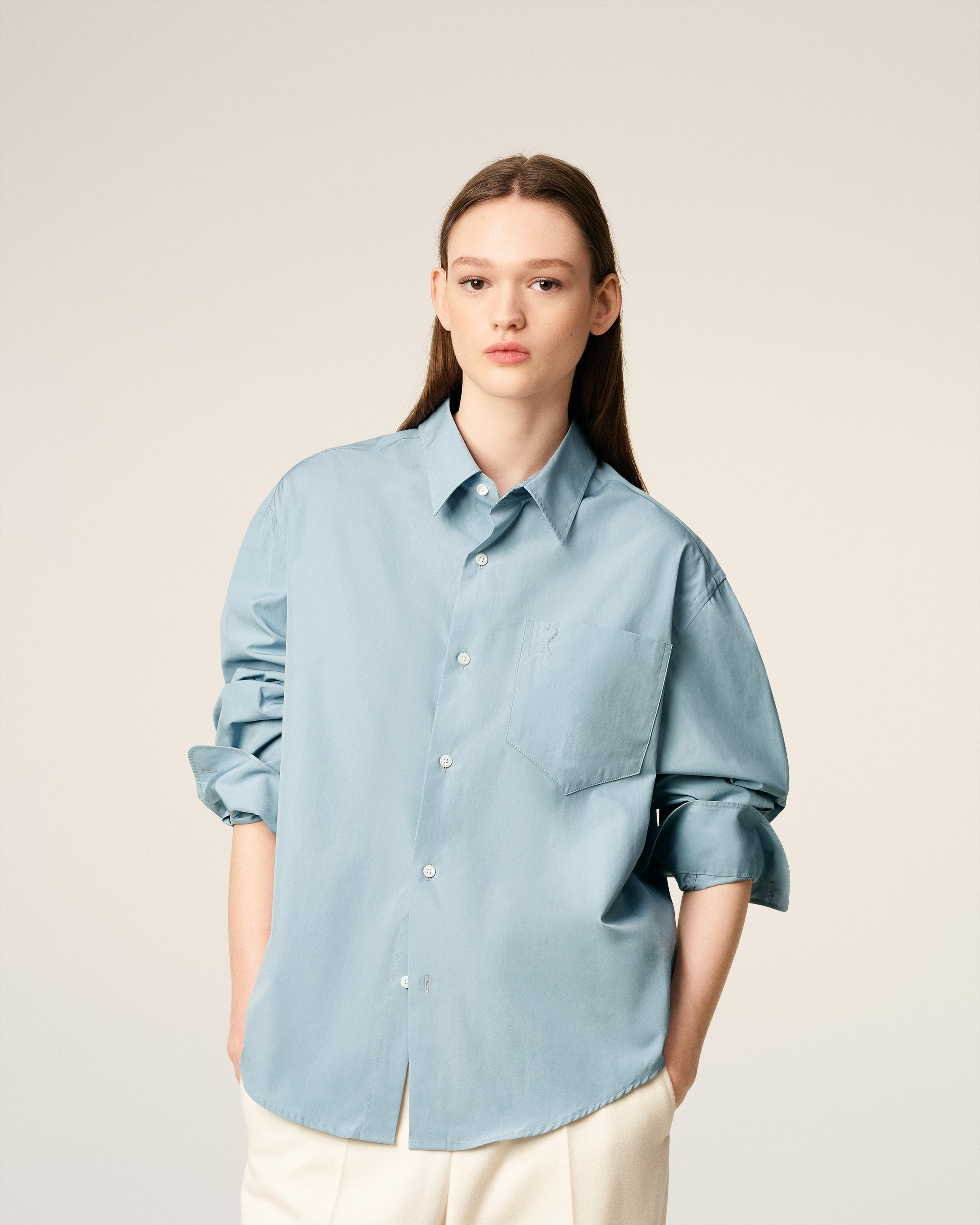 BLUE COTTON EMBOSSED AMI DE COEUR BOXY SHIRT - 3