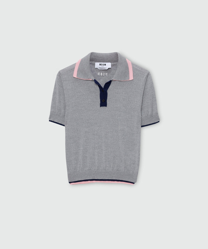 Grey wool polo shirt with double-edge trim 1