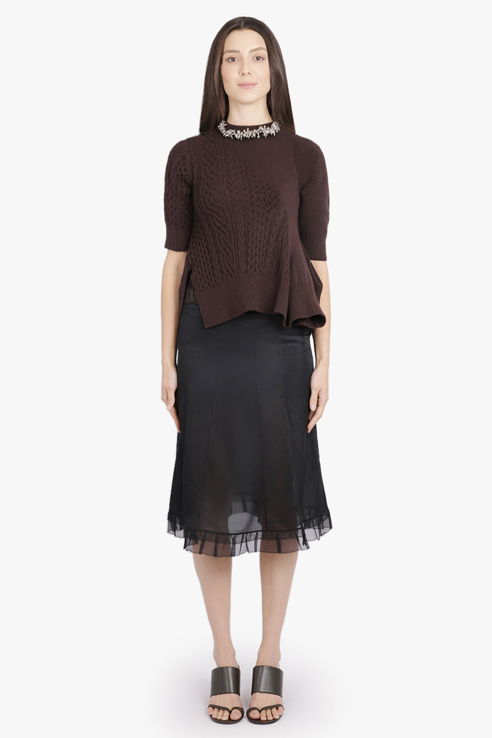 LAYERED MIDI SKIRT WITH CHECK UNDERLAY | BLACK/BROWN - 4