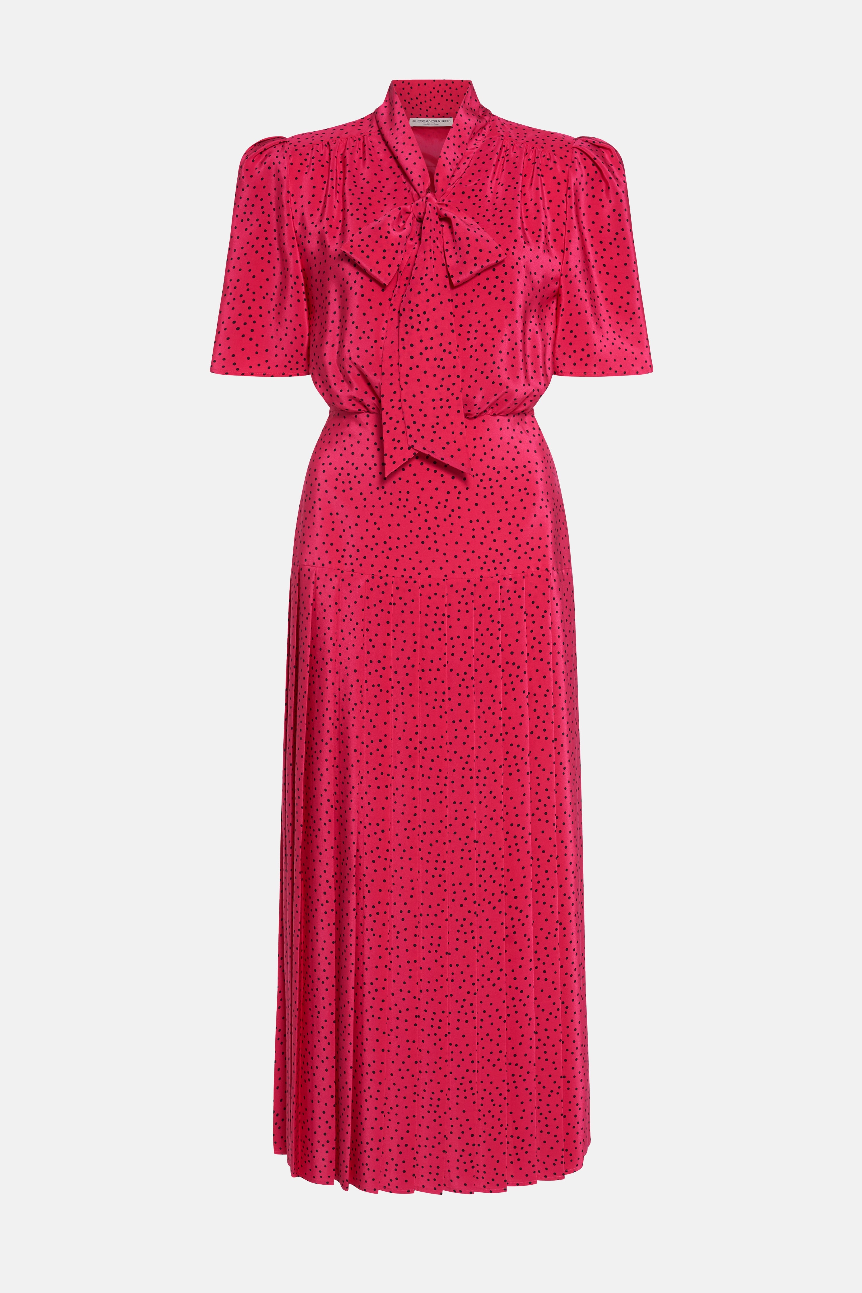 POLKA DOT SILK PLEATED DRESS WITH BOW - 1