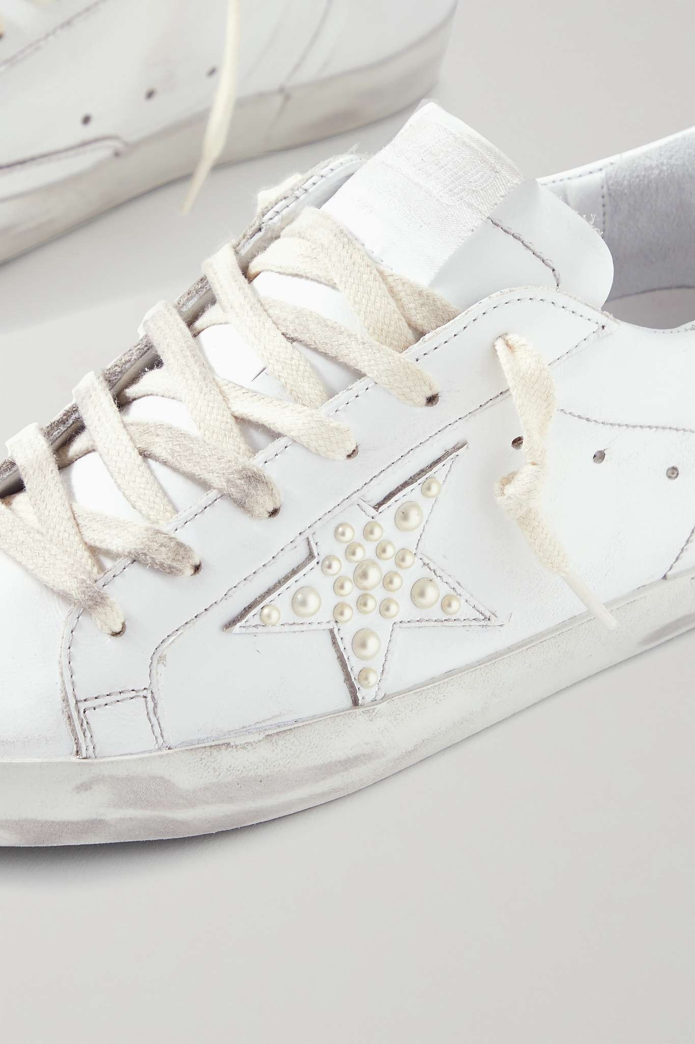 Superstar crystal-embellished distressed leather and suede sneakers - 7