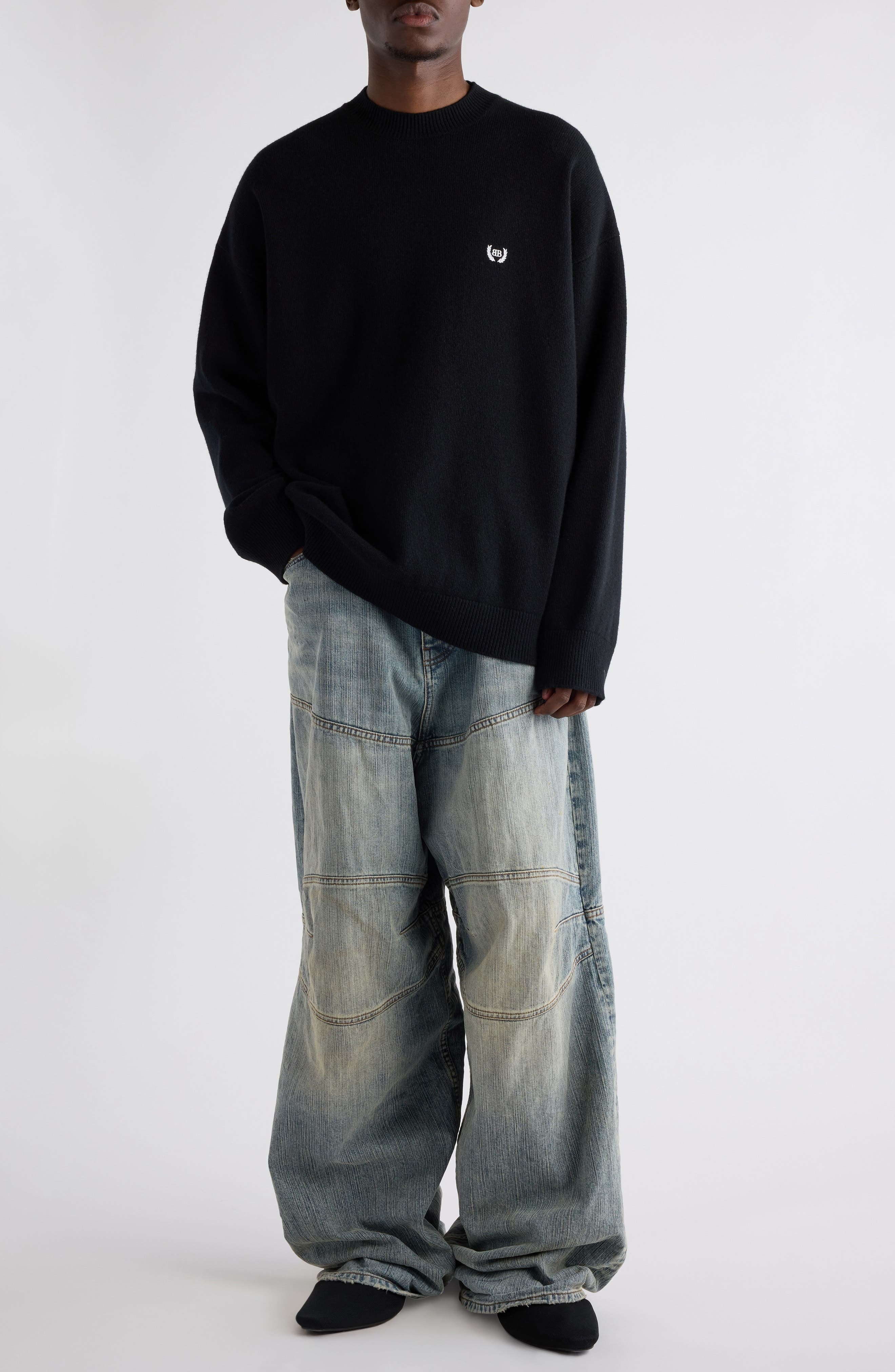Balenciaga Relaxed Logo Embroidered Virgin Wool Sweater in 1000 Black at Nordstrom - 2