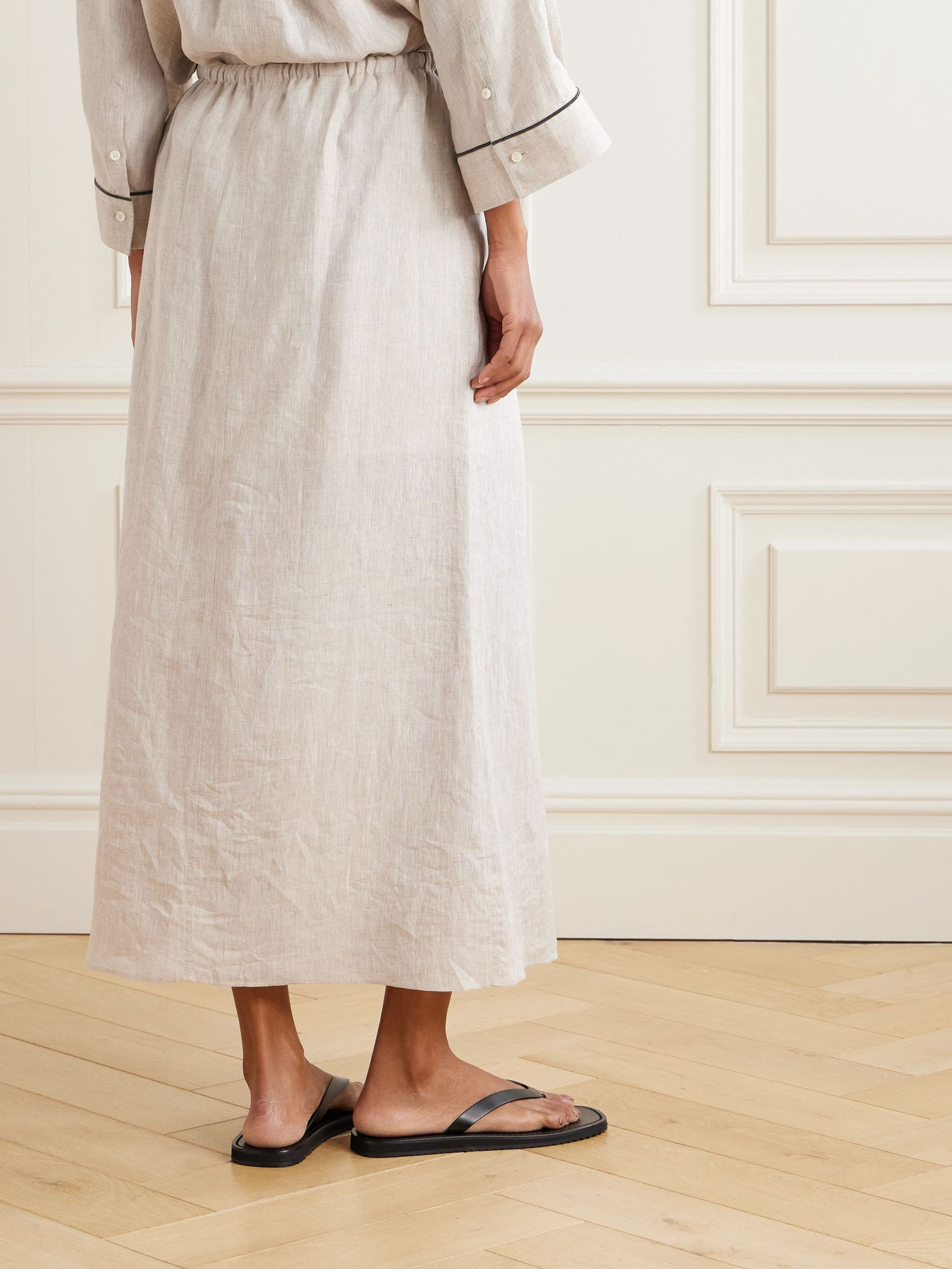 Bead-embellished linen midi skirt Beige - 4
