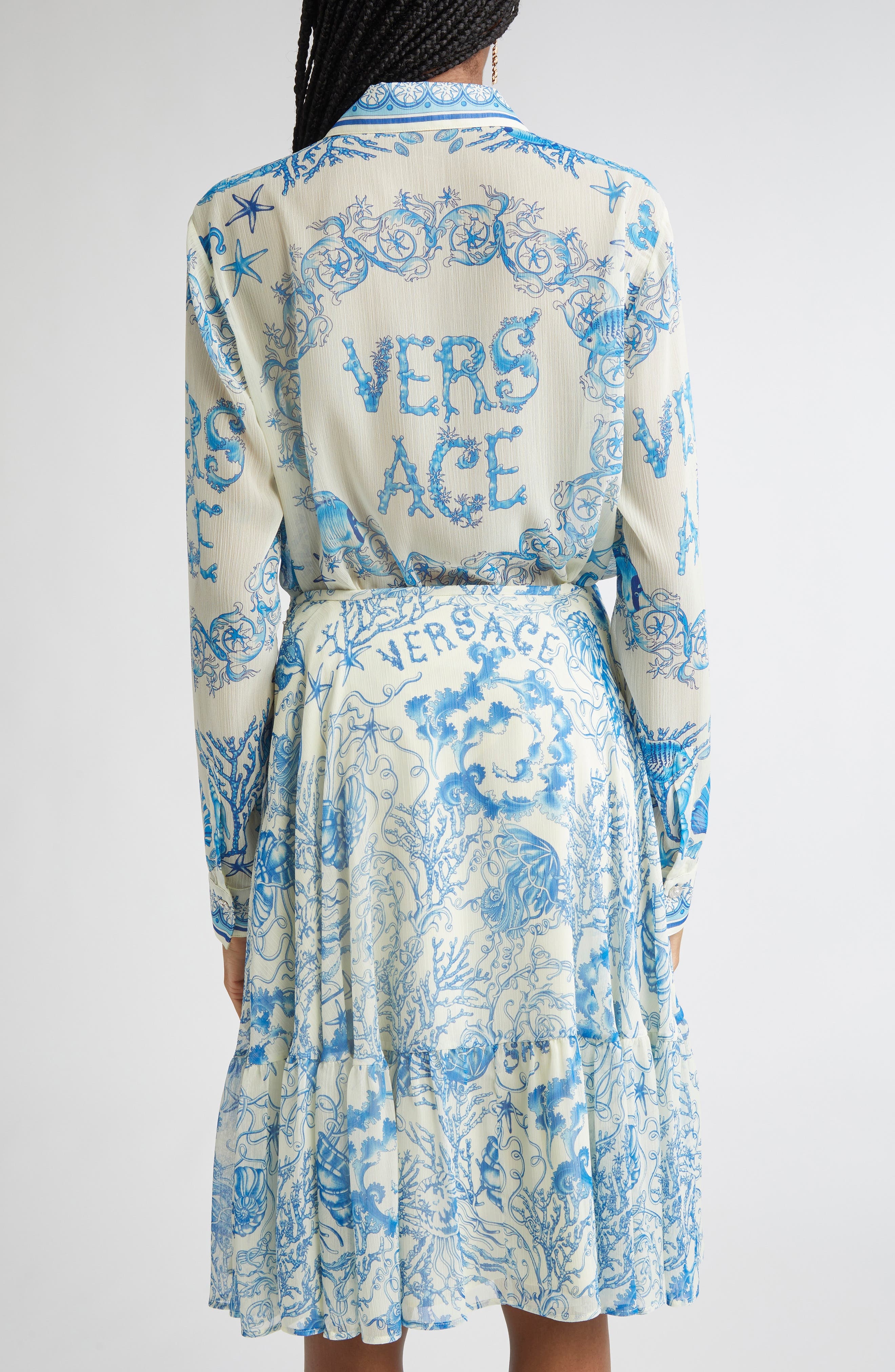 Versace Underwater Barocco Techno Crepon Button-Up Shirt in Eggshell Bright Dv Blue at Nordstrom - 3