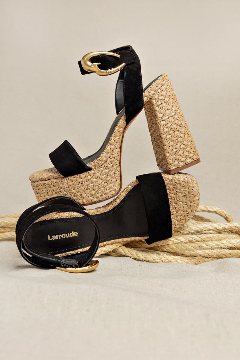 Larroudé Dolly Verona Sandal In Black Suede and Natural Raffia outlook