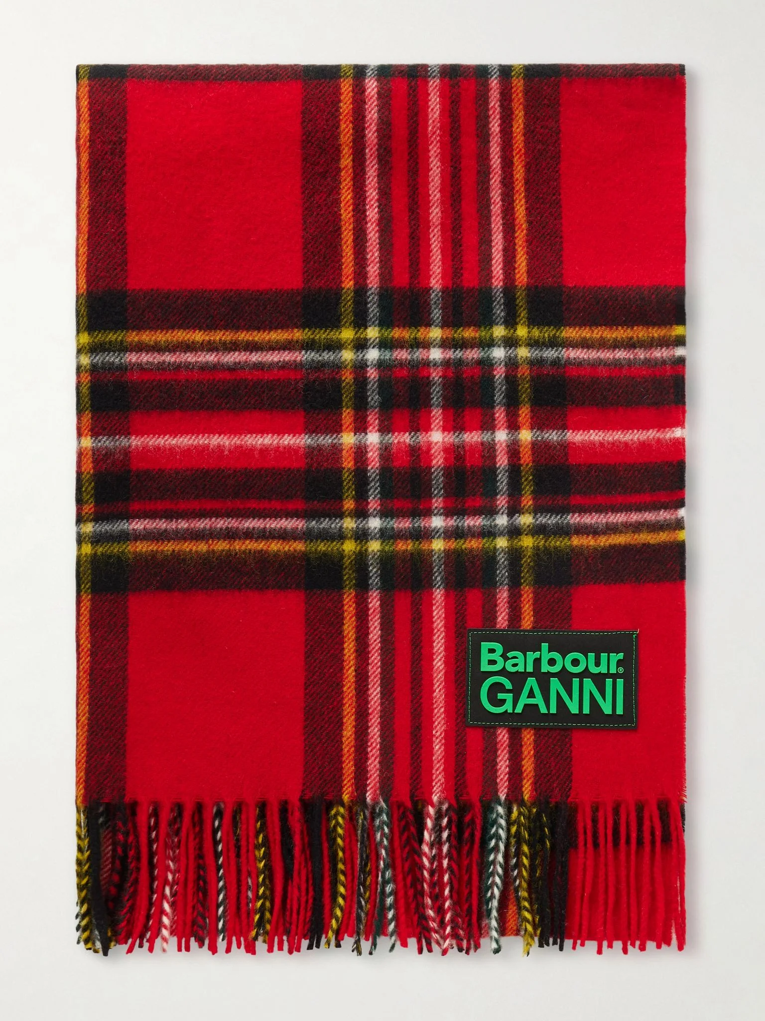 + GANNI fringed appliquéd checked wool scarf Red - 1