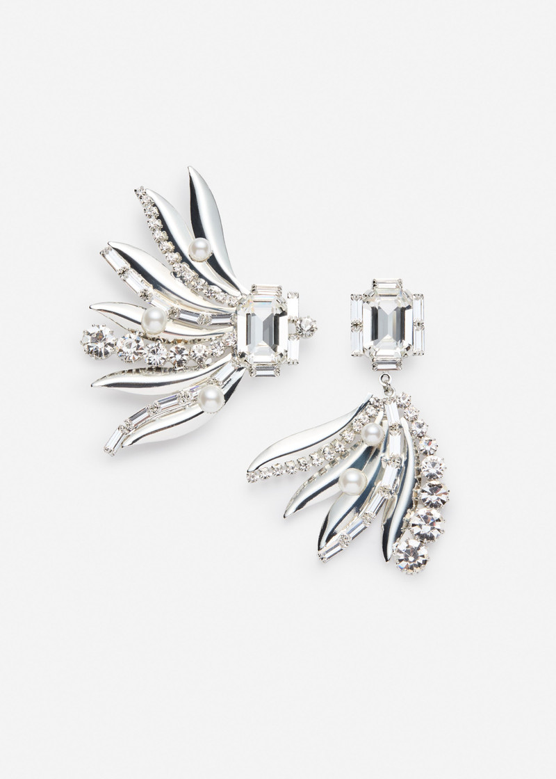 Asymmetric crystal and pearl leaf earrings in silver 1