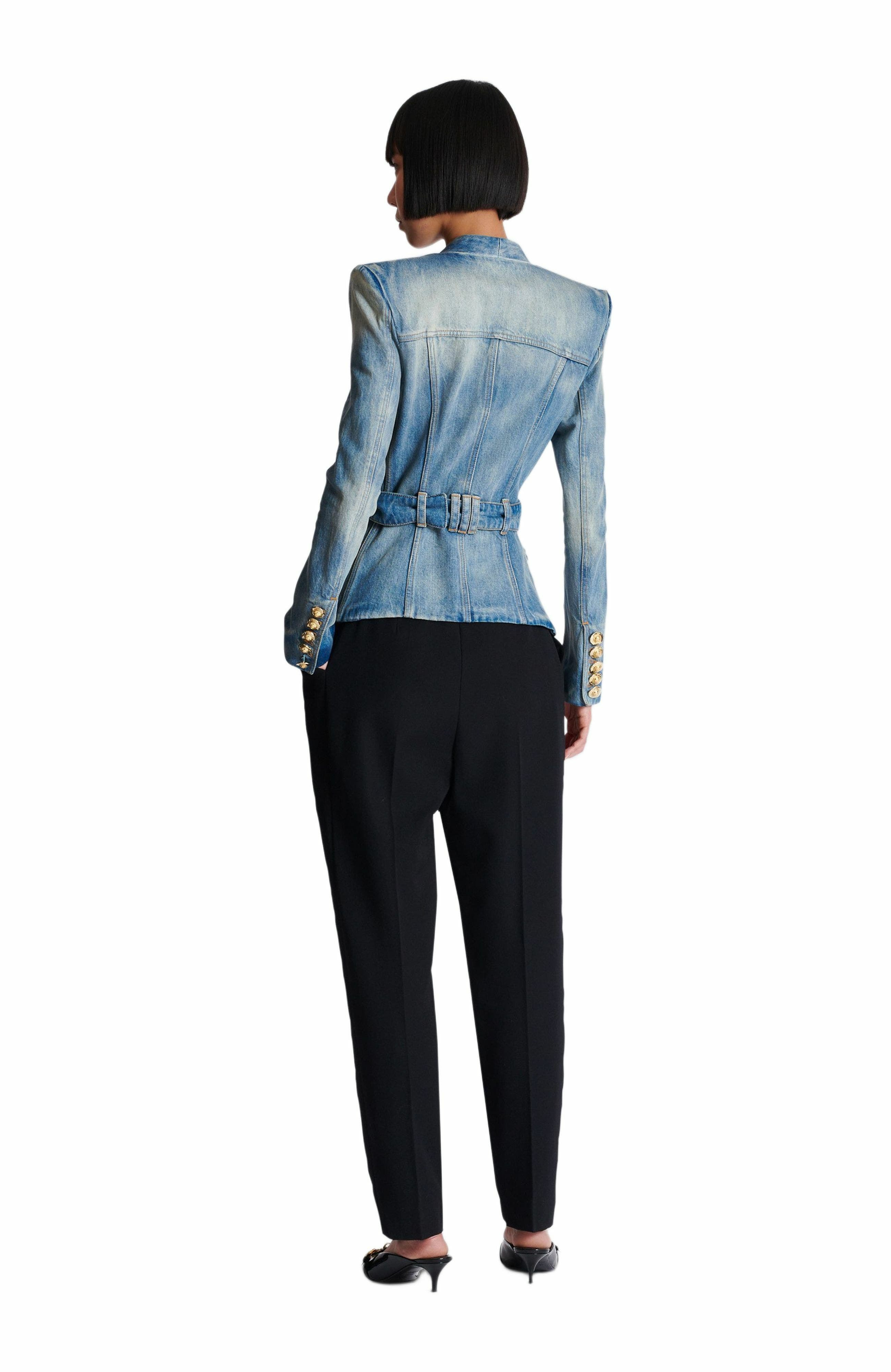 Balmain 1-button belted denim jacket in Blue at Nordstrom - 3