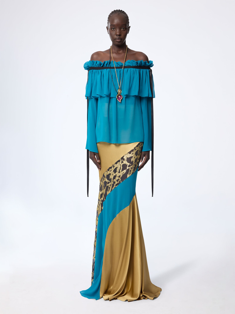 Blue Boat Neck Silk Top With Bow Details 1