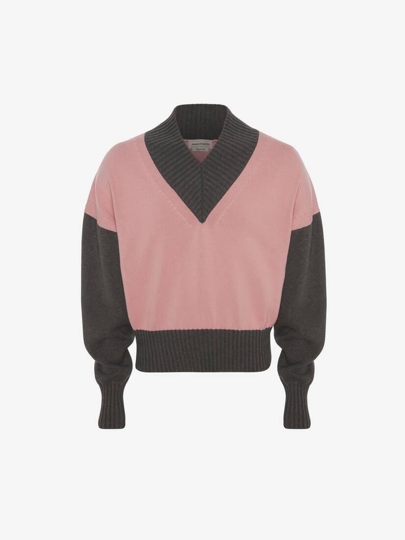 Colour Block V-neck Jumper in Pink - 1