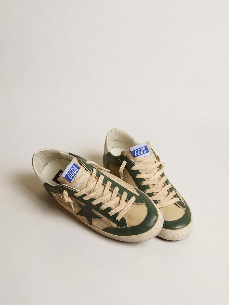 Golden Goose Super-Star LTD in cream mesh and green nappa with nappa star outlook