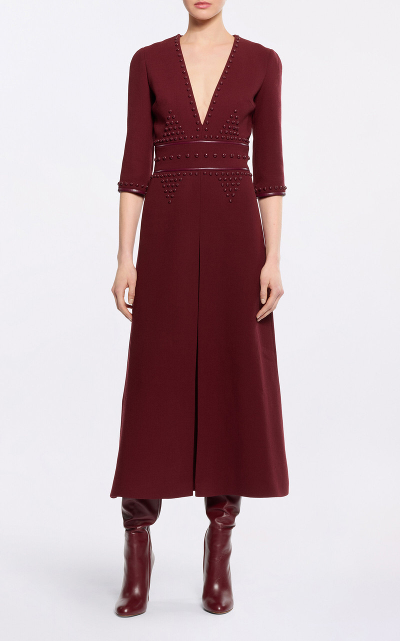 ELIE SAAB Embellished Wool & Leather Midi Dress burgundy outlook