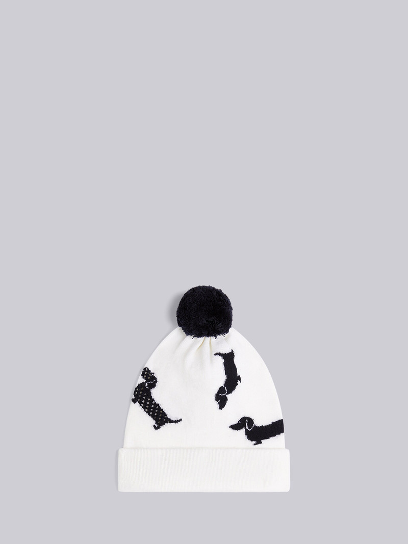 White Extrafine Merino Wool Hector Icon Half Drop Intarsia Pom Pom Hat 1