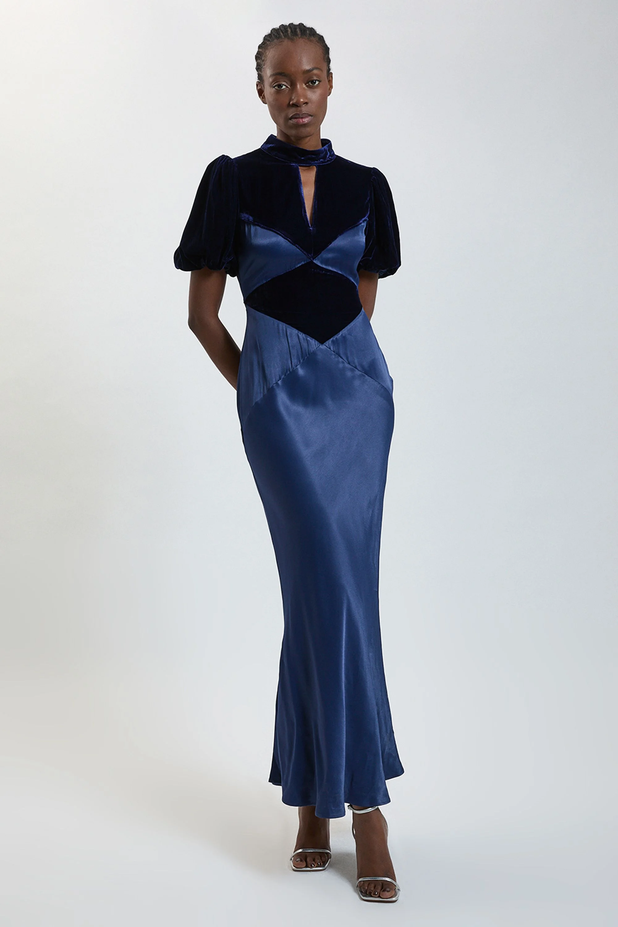 Velvet Insert Viscose Satin Midi Dress - 1