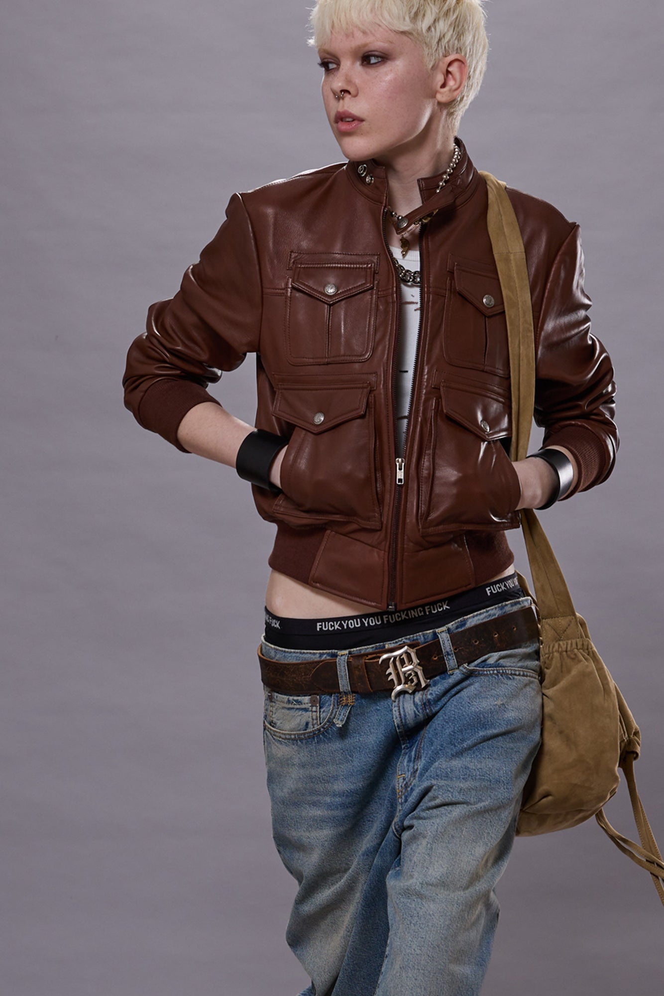 SHRUNKEN ZIP-UP LEATHER JACKET - 3
