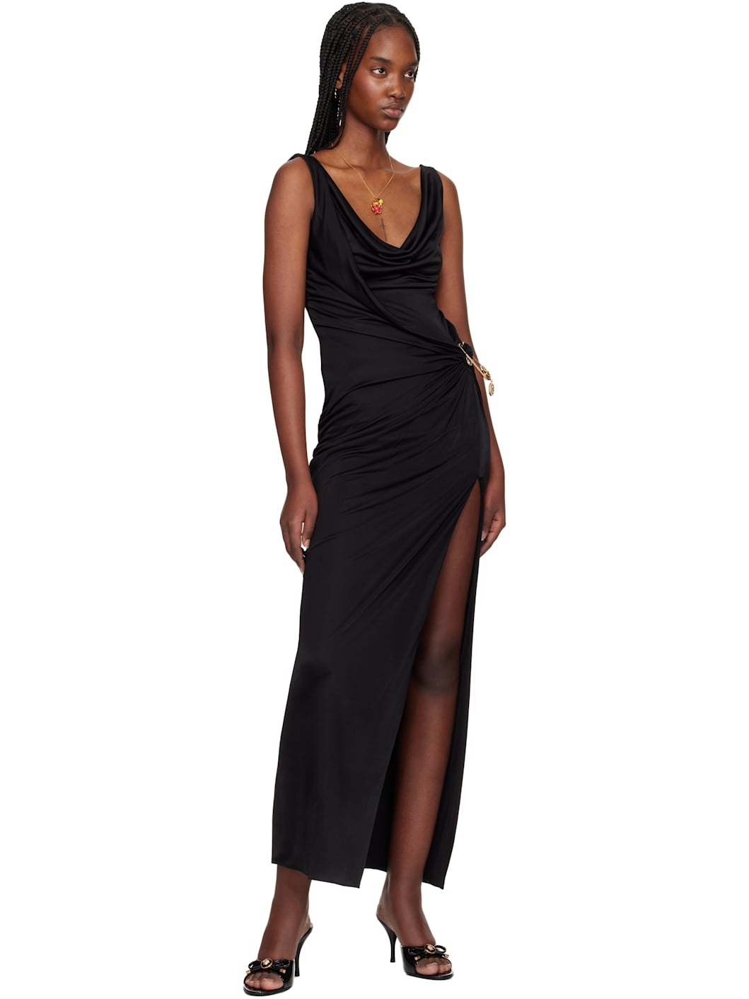 Black Safety Pin Gathered Maxi Dress - 4