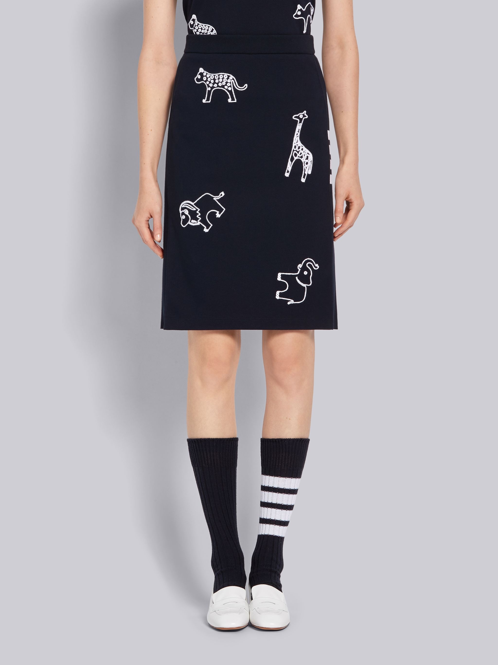 Navy Classic Cotton Pique Animal Icon Embroidery 4-Bar Skirt - 1