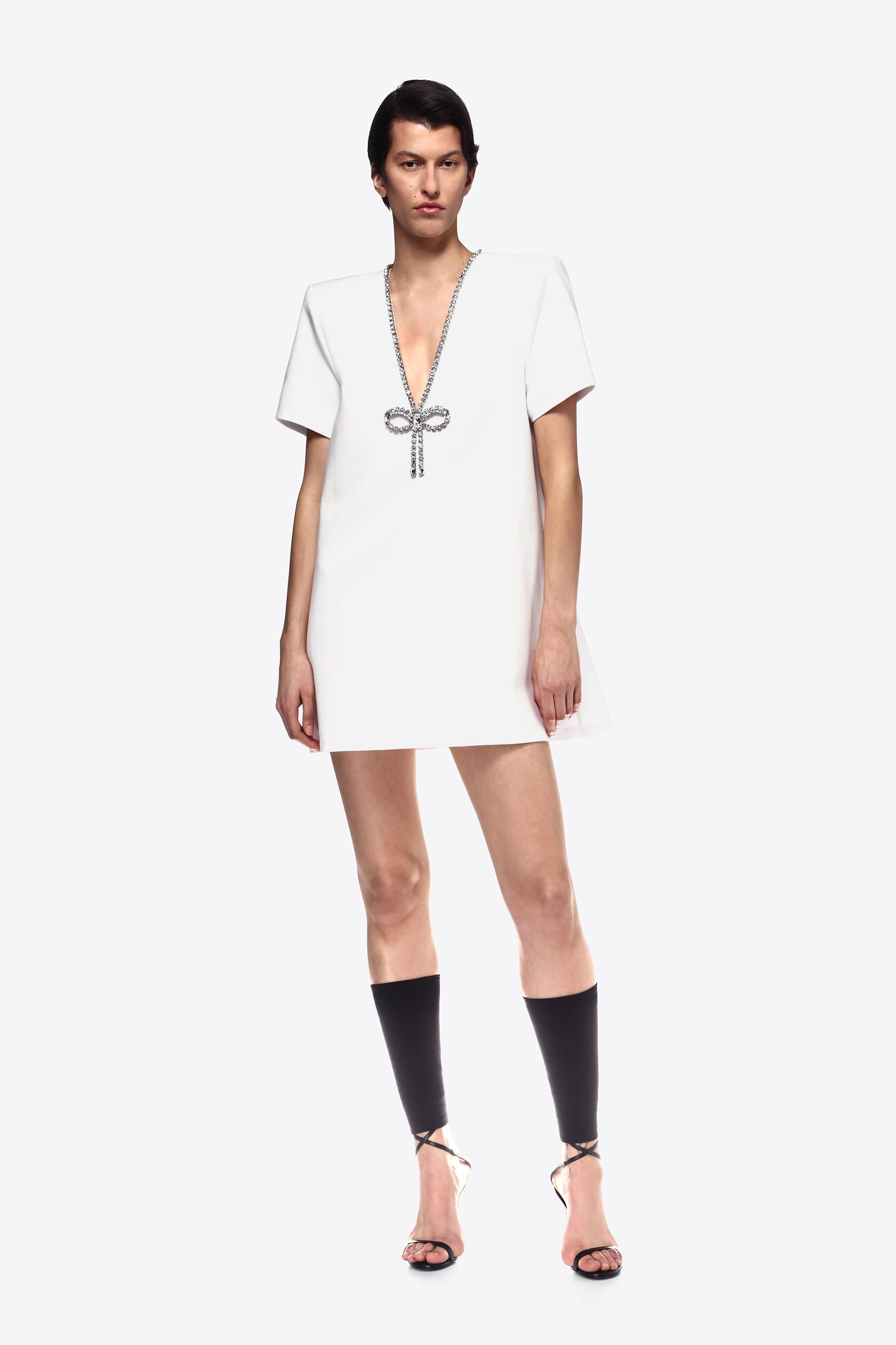 CRYSTAL BOW V-NECK T-SHIRT DRESS - 3