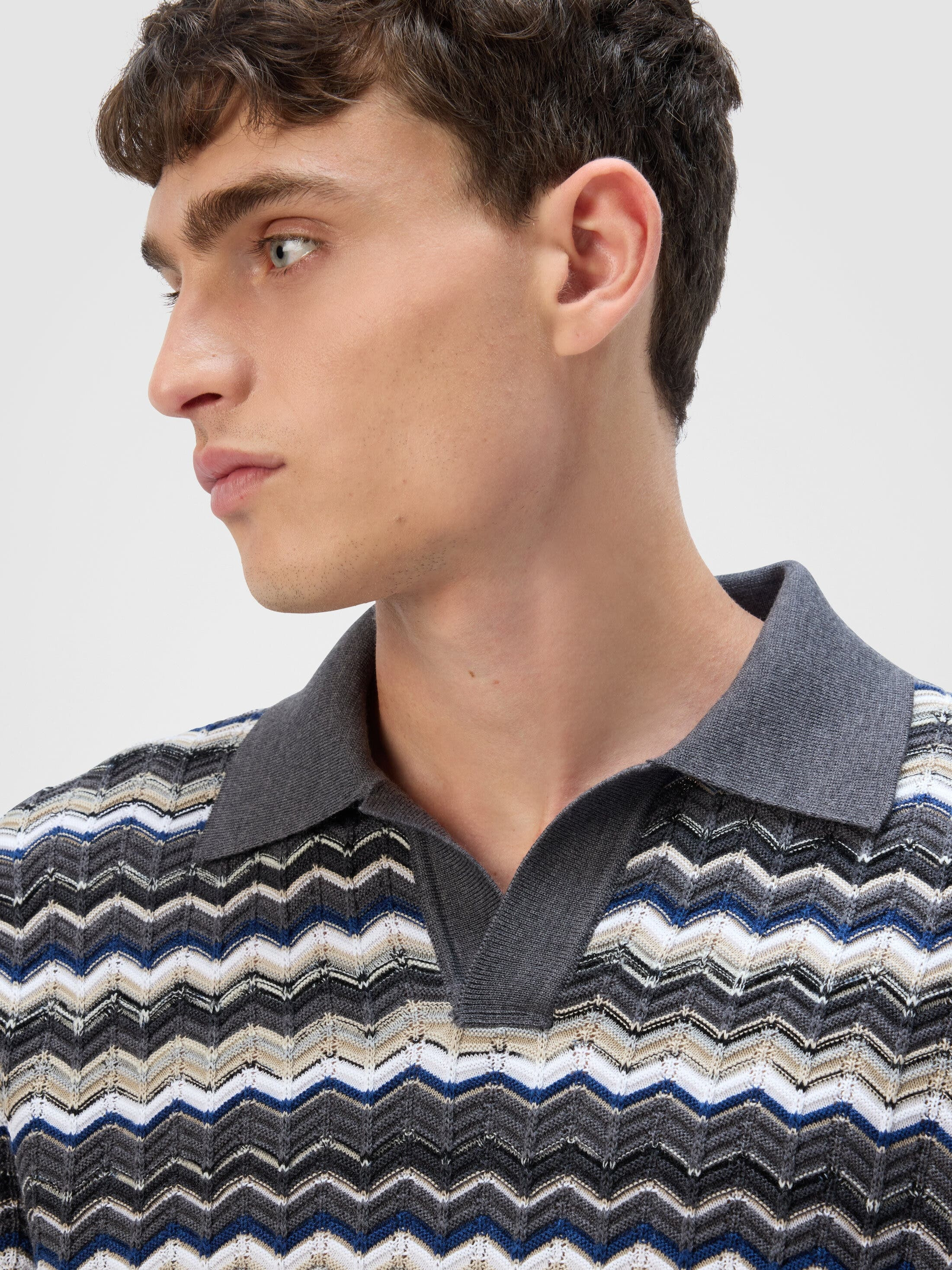 Missoni Long Sleeve Polo With V-neck And Zigzag Pattern in Grey & Beige at Nordstrom - 4