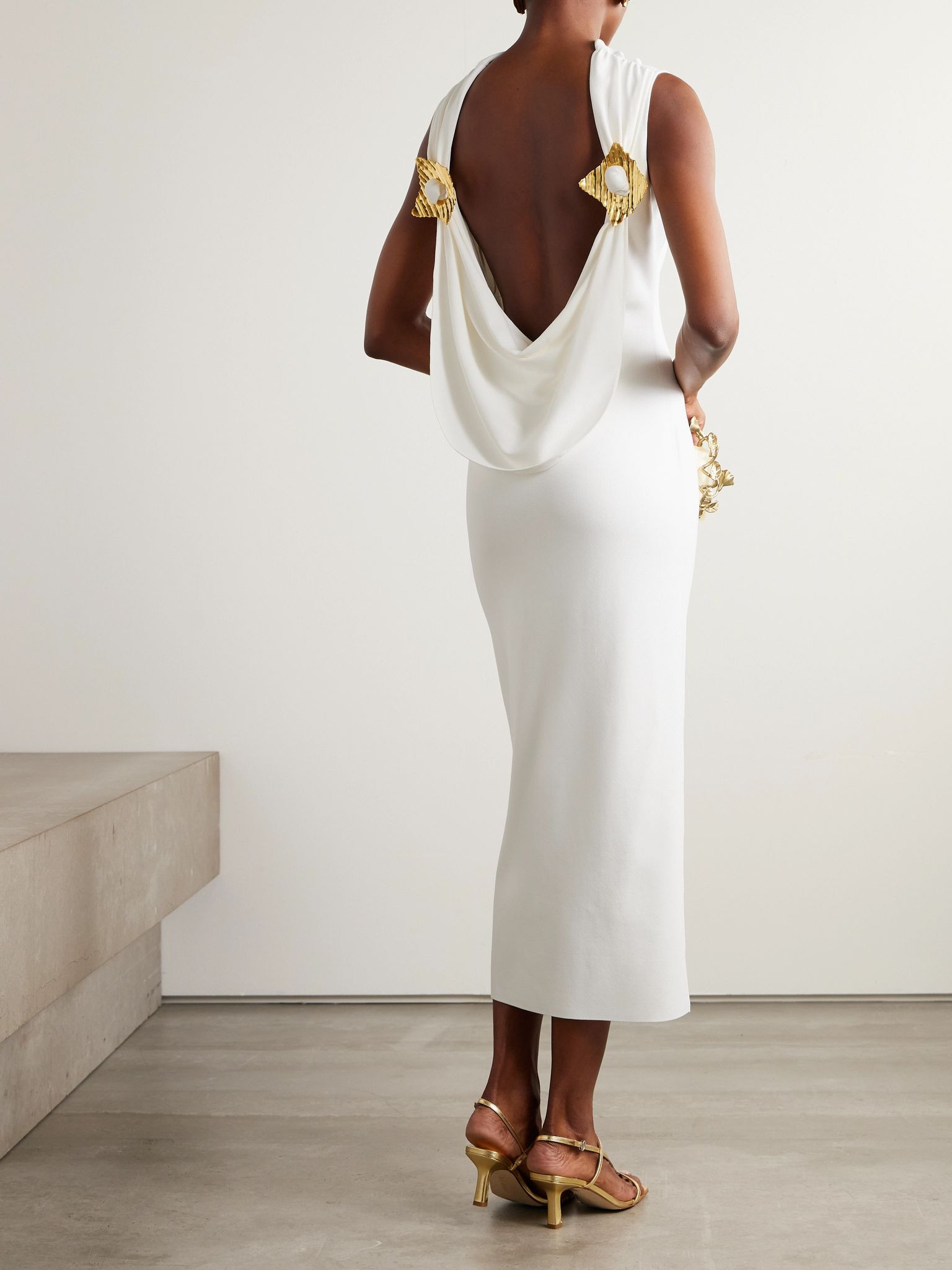 Deirdra embellished open-back draped knitted midi dress Off-white - 3