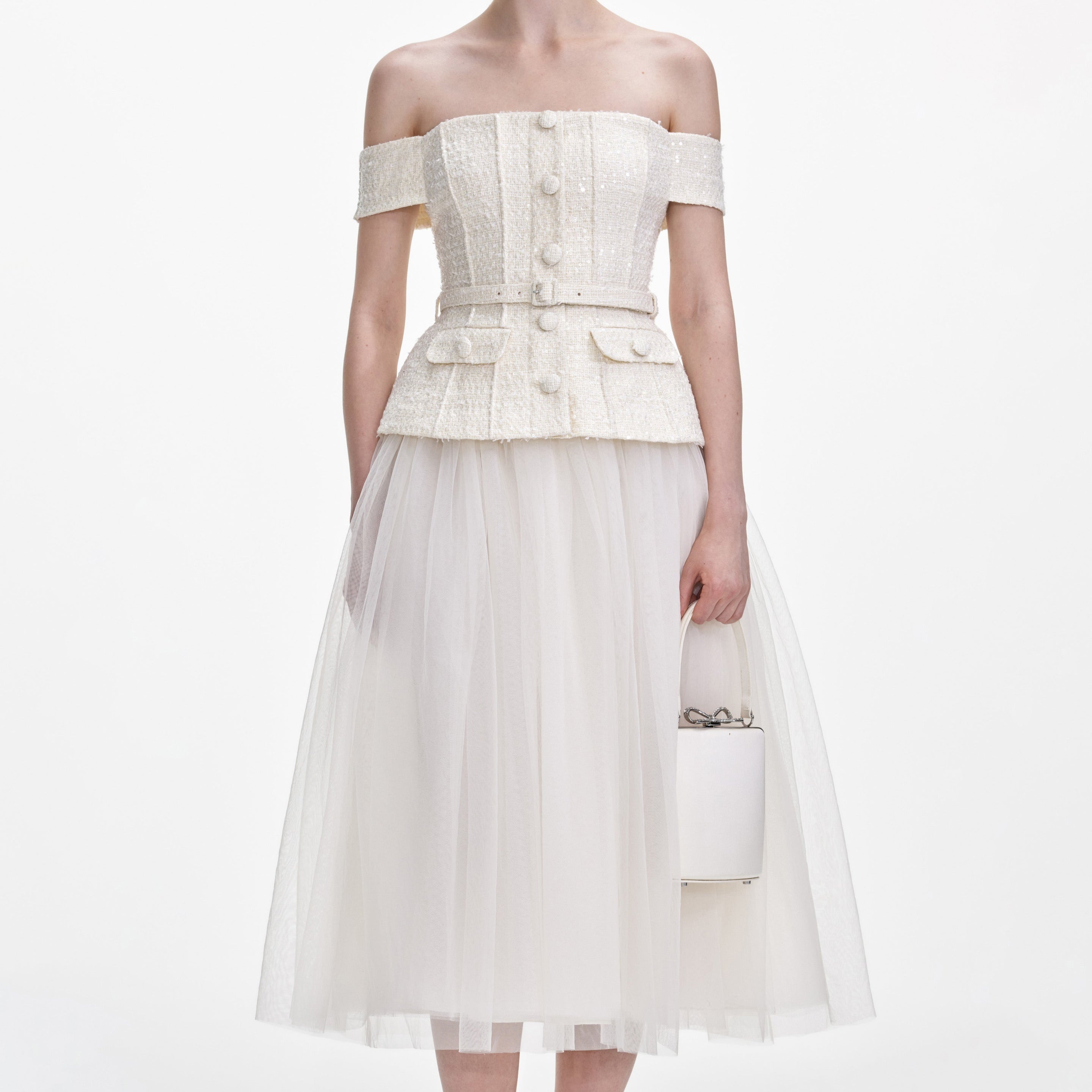 Cream Boucle Tulle Midi Dress - 4