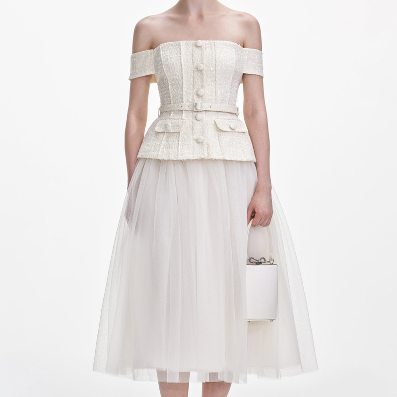 Cream Boucle Tulle Midi Dress 4