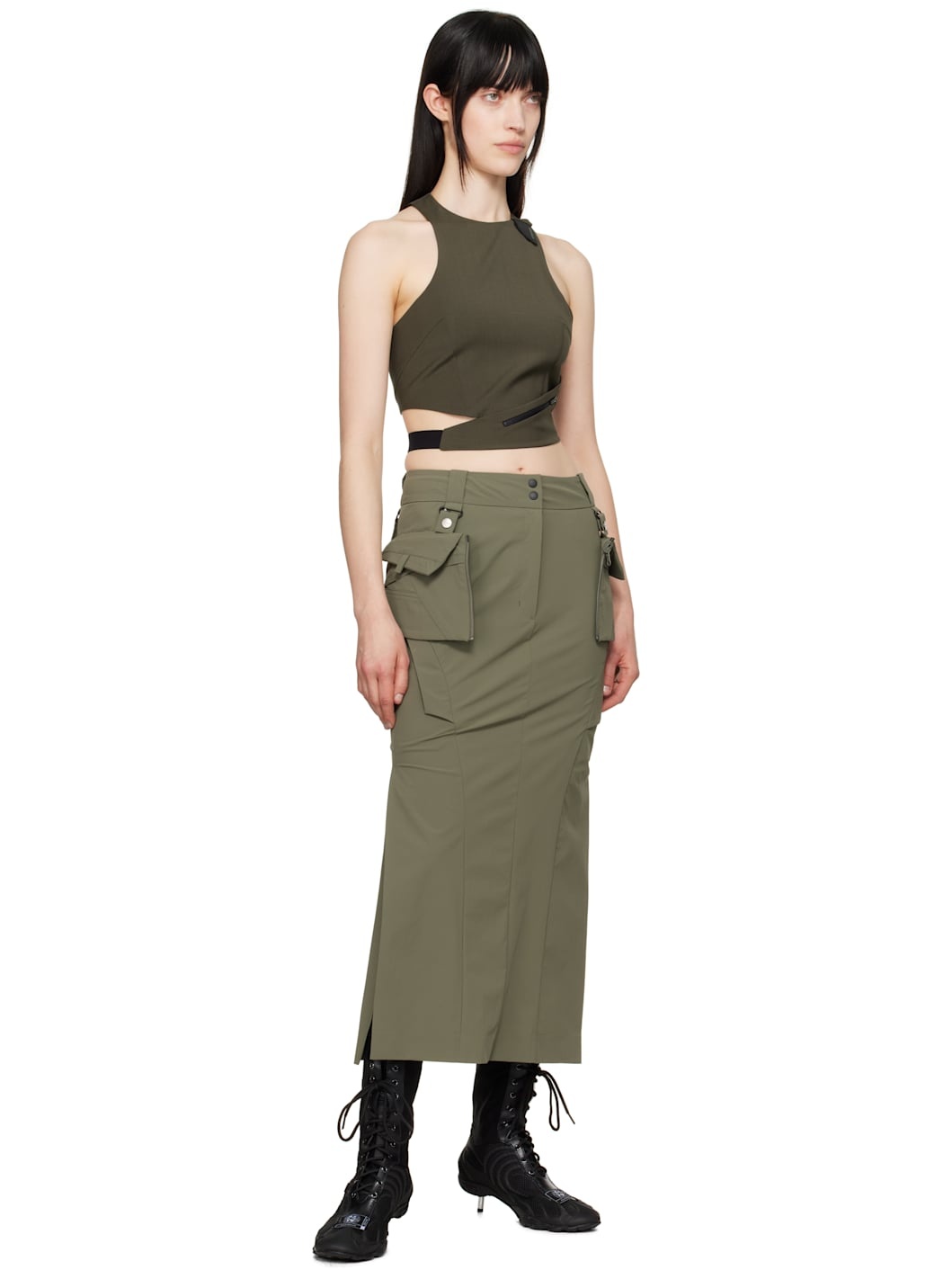 Khaki Cargo Midi Skirt & Top Set - 4