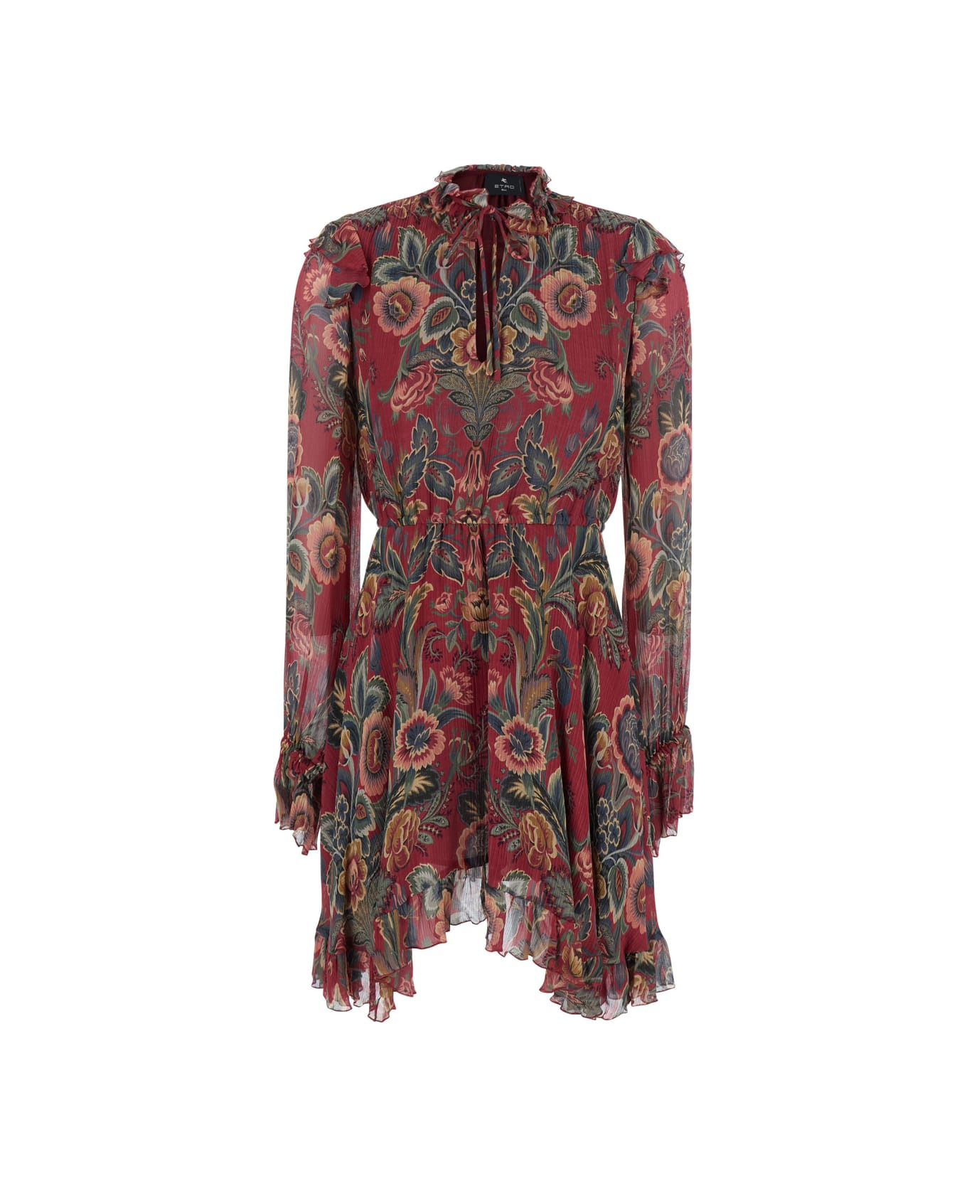 Red Ruched Mini Dress With All-over Floral Print In Viscose Blend Woman - 1