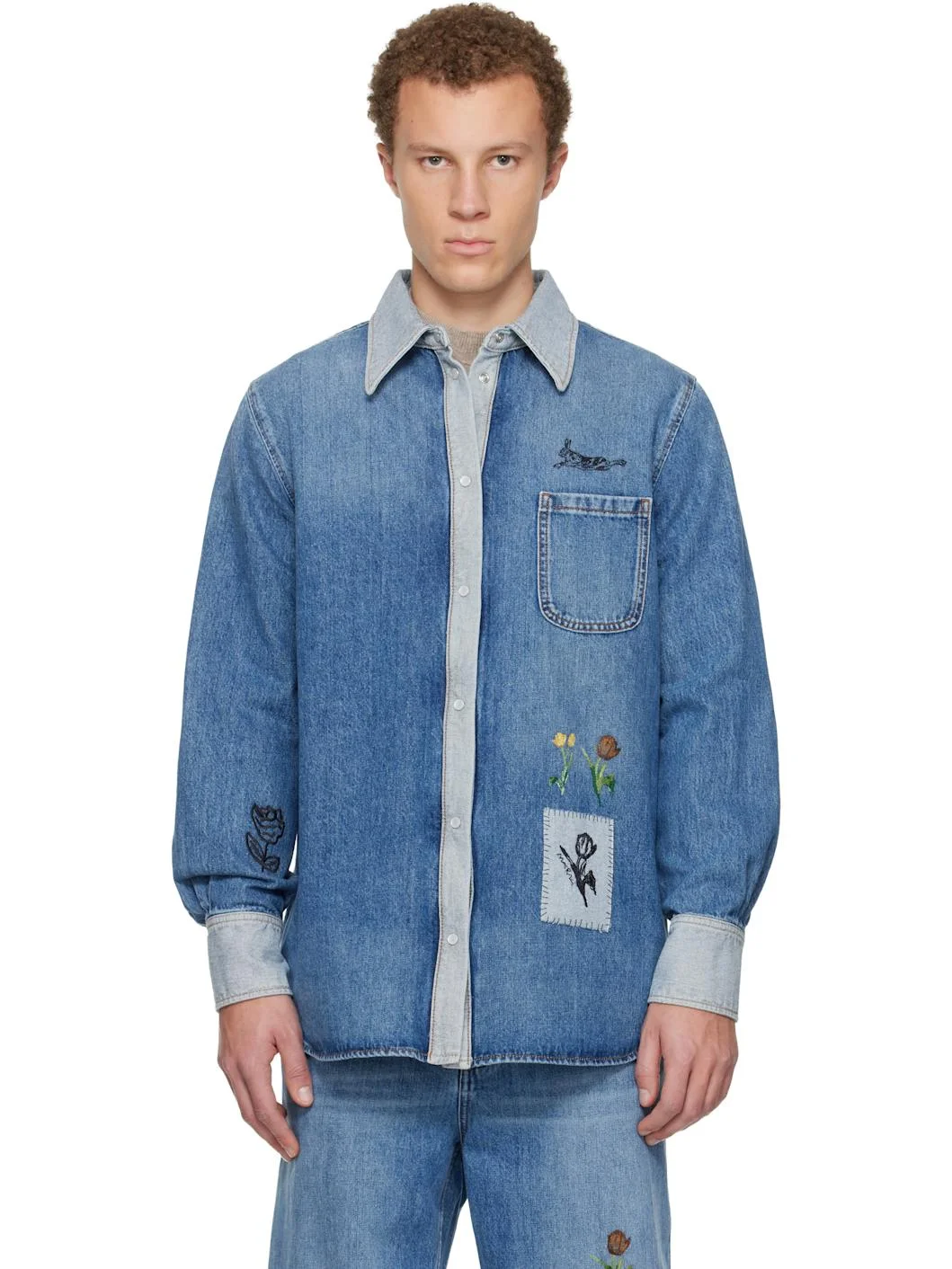 Blue Embroidered Denim Shirt - 1